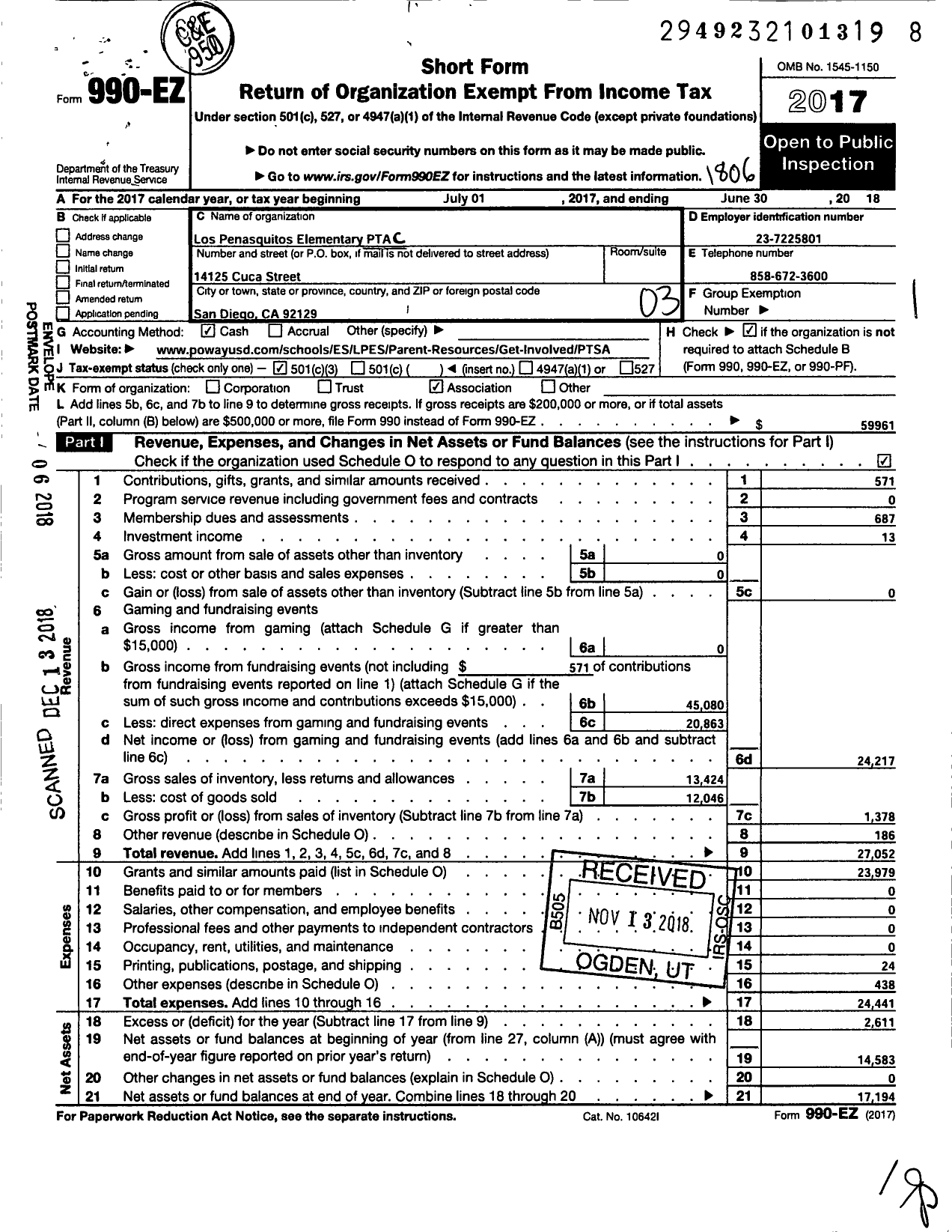 Image of first page of 2017 Form 990EZ for California State PTA - 1422 Los Penasquitos Elementary PTA