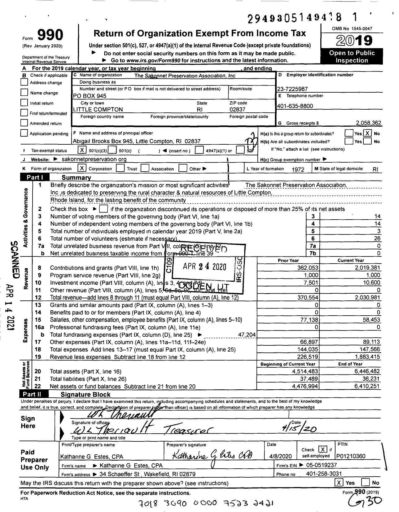 Image of first page of 2019 Form 990 for The Sakonnet Preservation Association