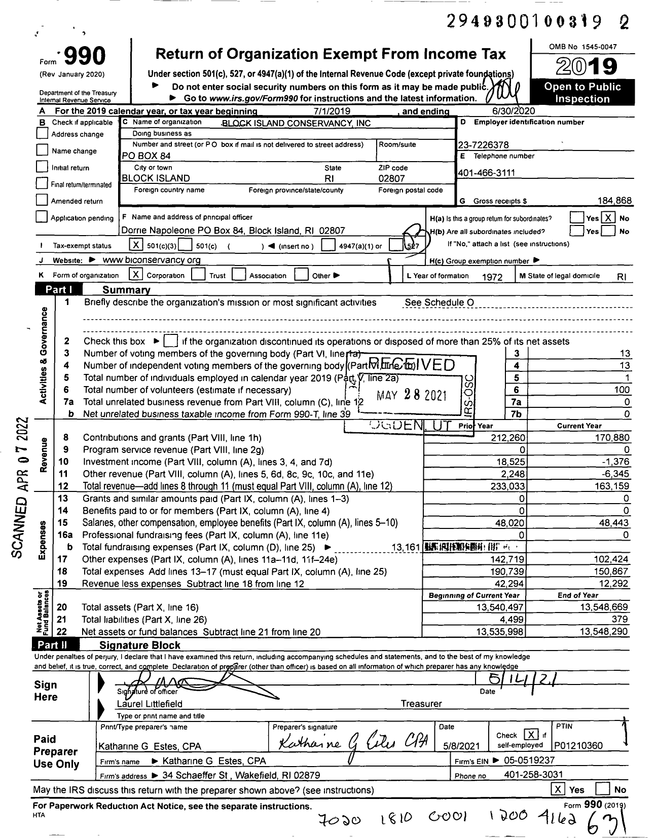 Image of first page of 2019 Form 990 for Block Island Conservancy