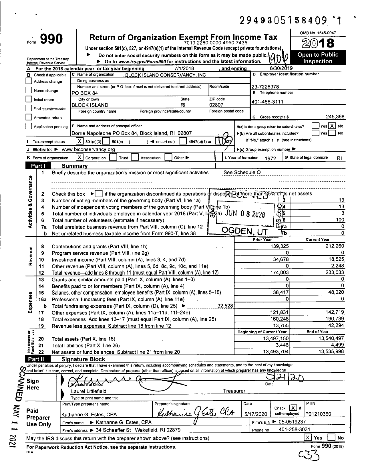 Image of first page of 2018 Form 990 for Block Island Conservancy