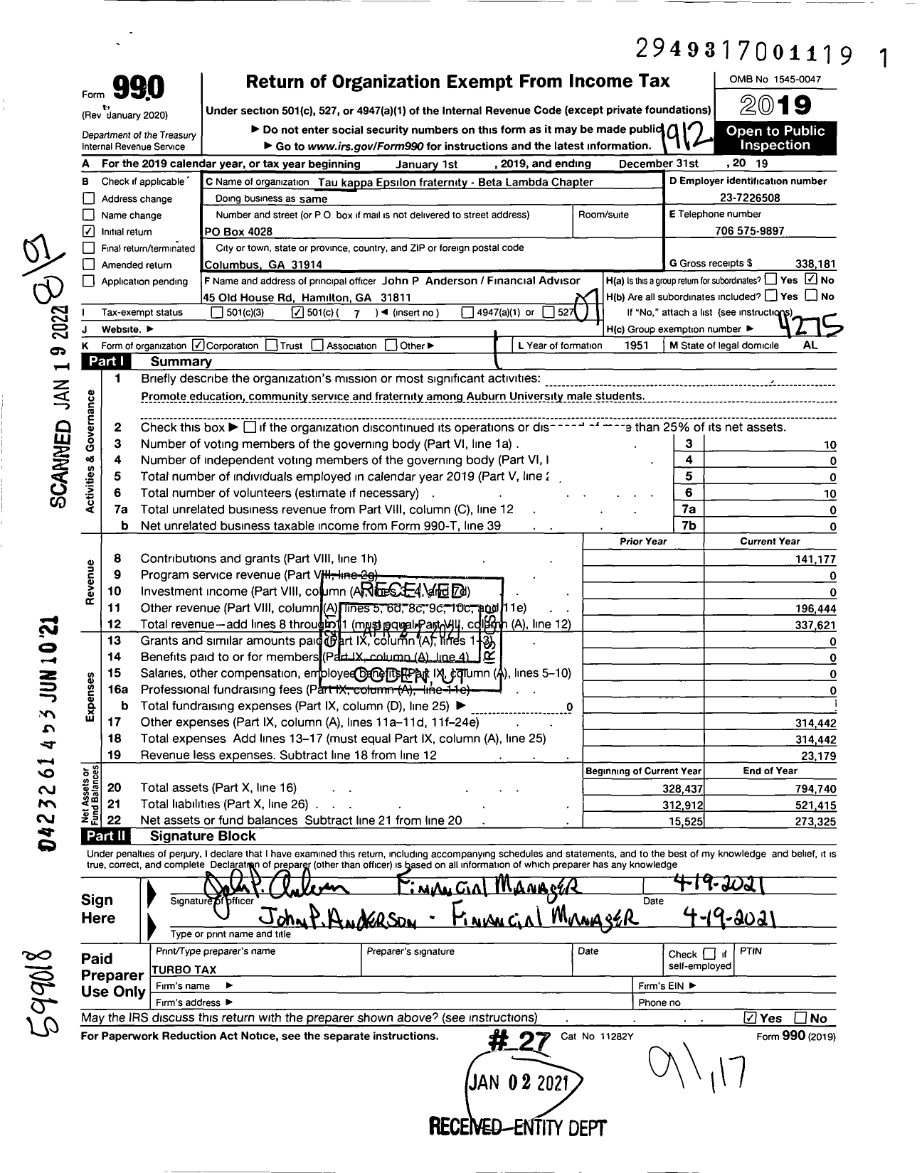 Image of first page of 2019 Form 990O for Tau Kappa Epsilon Fraternity - 159 Beta Lambda Chapter