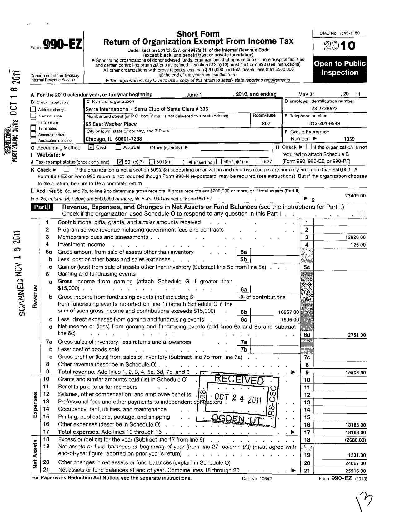 Image of first page of 2010 Form 990EZ for Serra International - 333 Santa Clara Serra Club