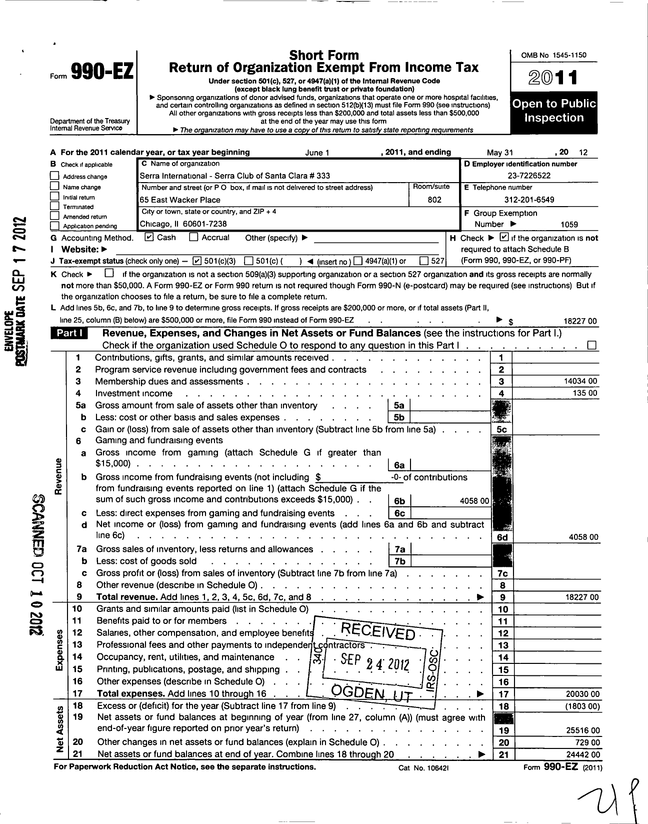 Image of first page of 2011 Form 990EZ for Serra International - 333 Santa Clara Serra Club