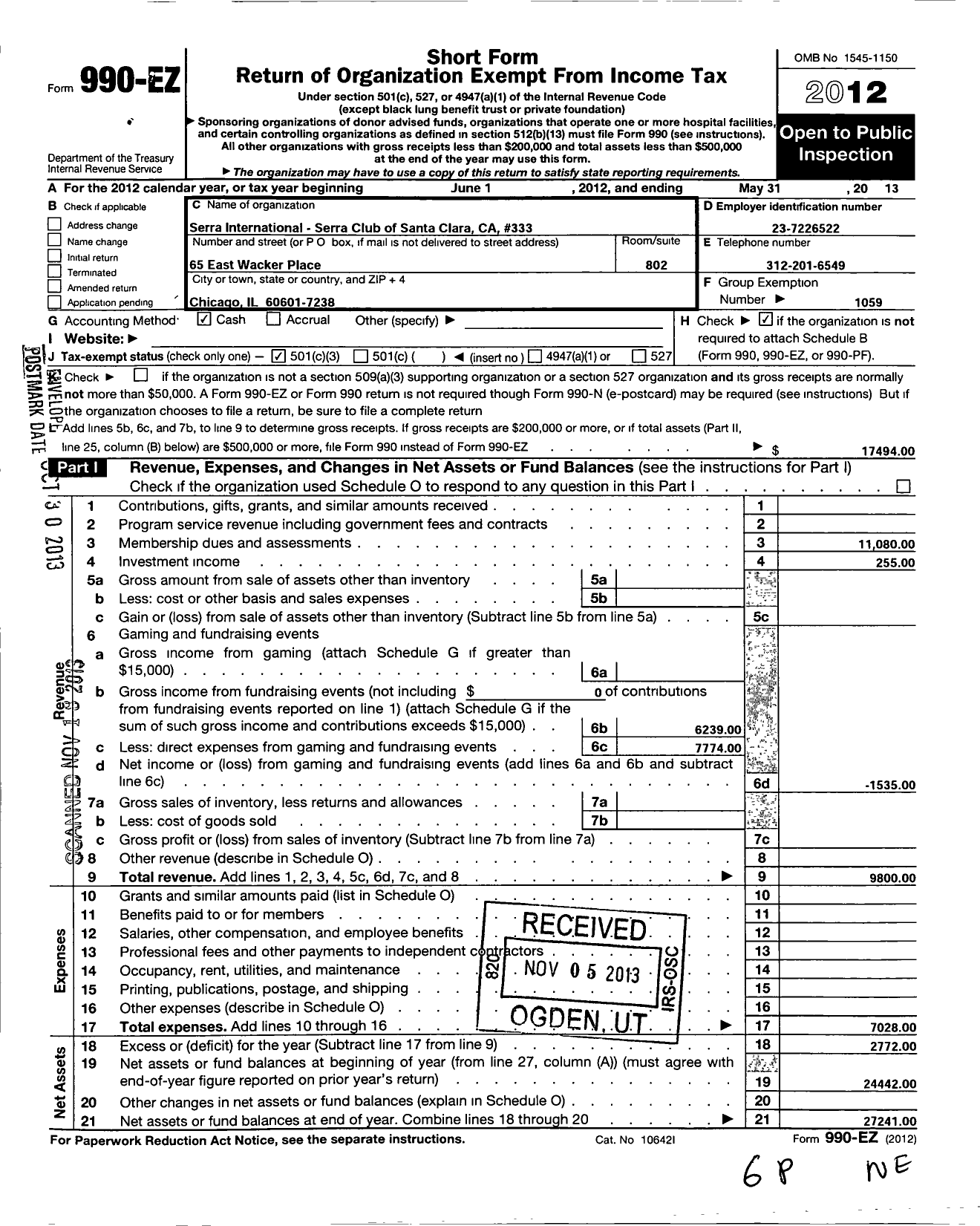 Image of first page of 2012 Form 990EZ for Serra International - 333 Santa Clara Serra Club