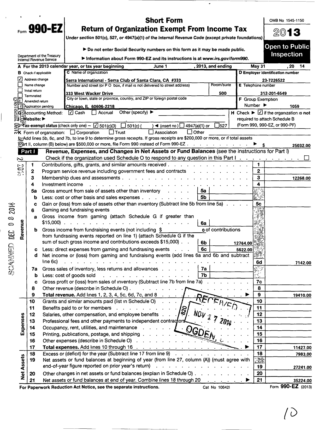 Image of first page of 2013 Form 990EZ for Serra International - 333 Santa Clara Serra Club