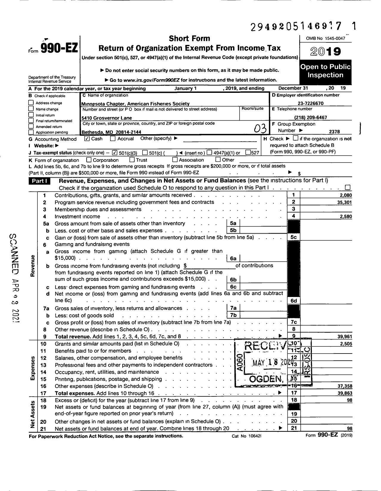 Image of first page of 2019 Form 990EZ for American Fisheries SOCIETY MN Chapter