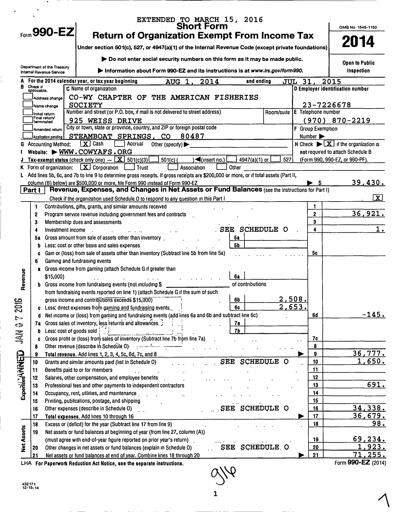 Image of first page of 2014 Form 990EZ for American Fisheries Society / Colorado-Wyoming Chapter