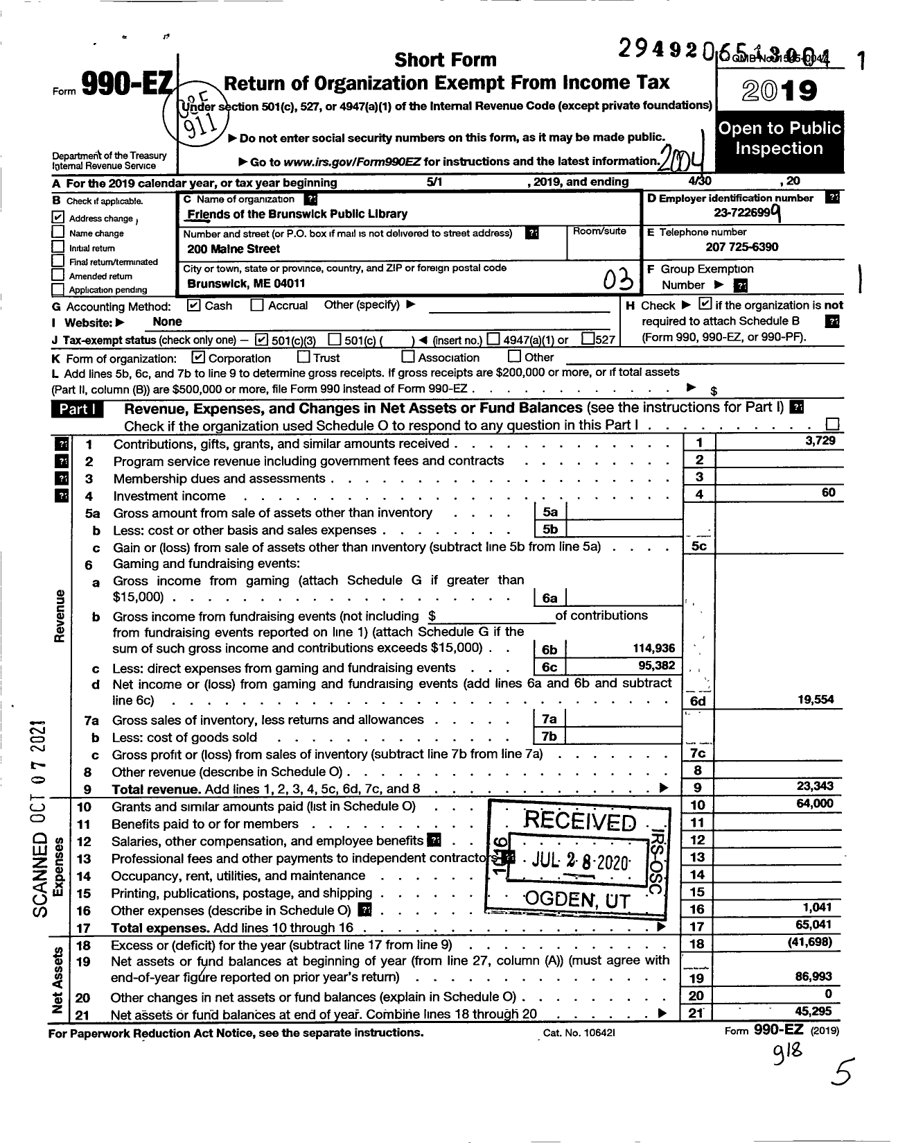 Image of first page of 2019 Form 990EZ for The Friends of the Brunswick Public Library Twice Told Tales