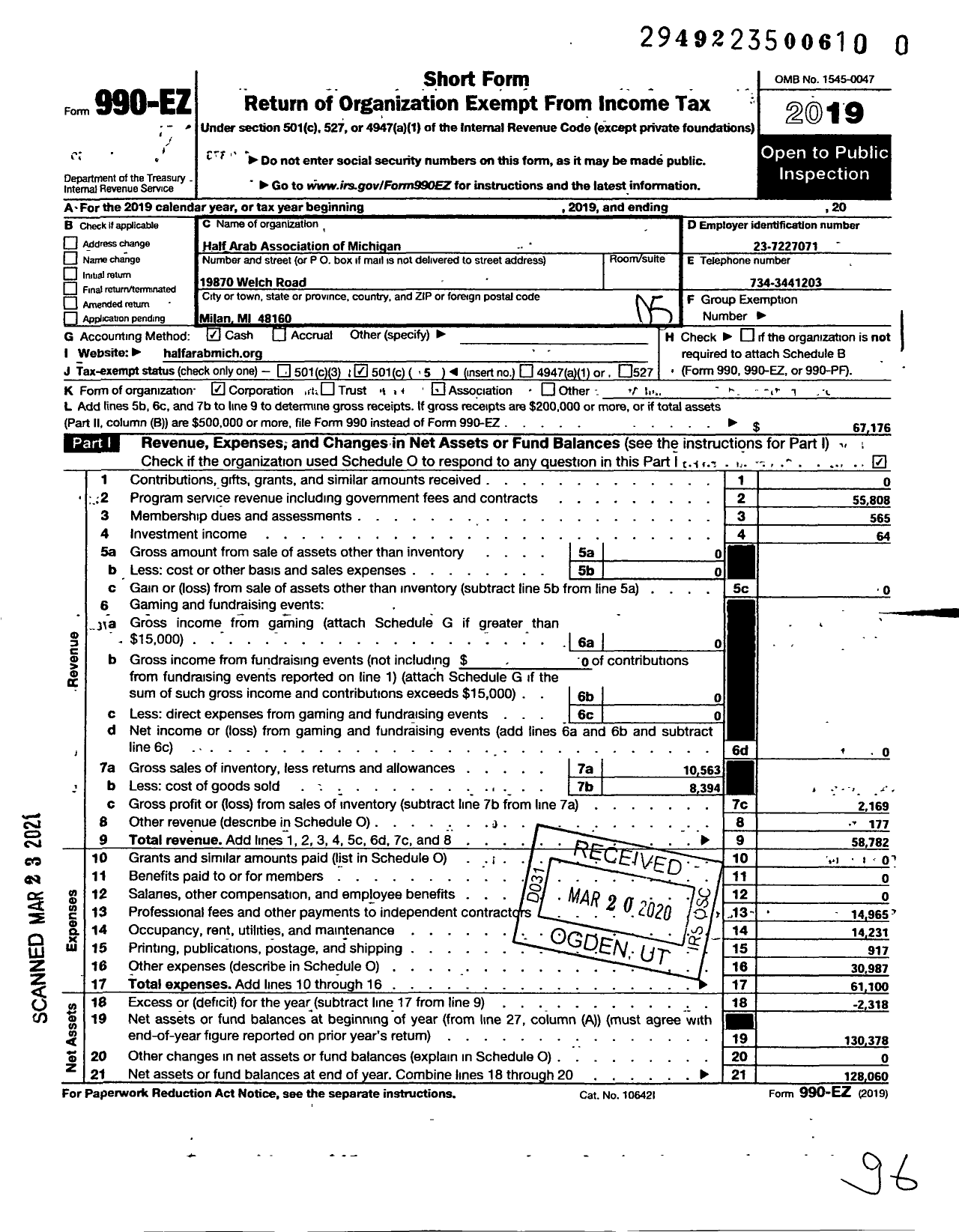 Image of first page of 2019 Form 990EO for Half-Arab Association of Michigan