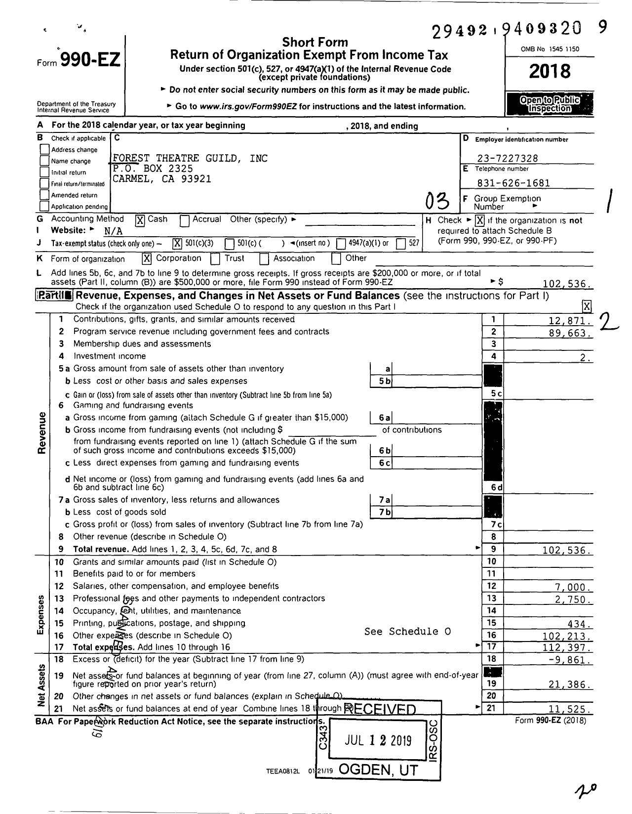 Image of first page of 2018 Form 990EZ for Forest Theatre Guild