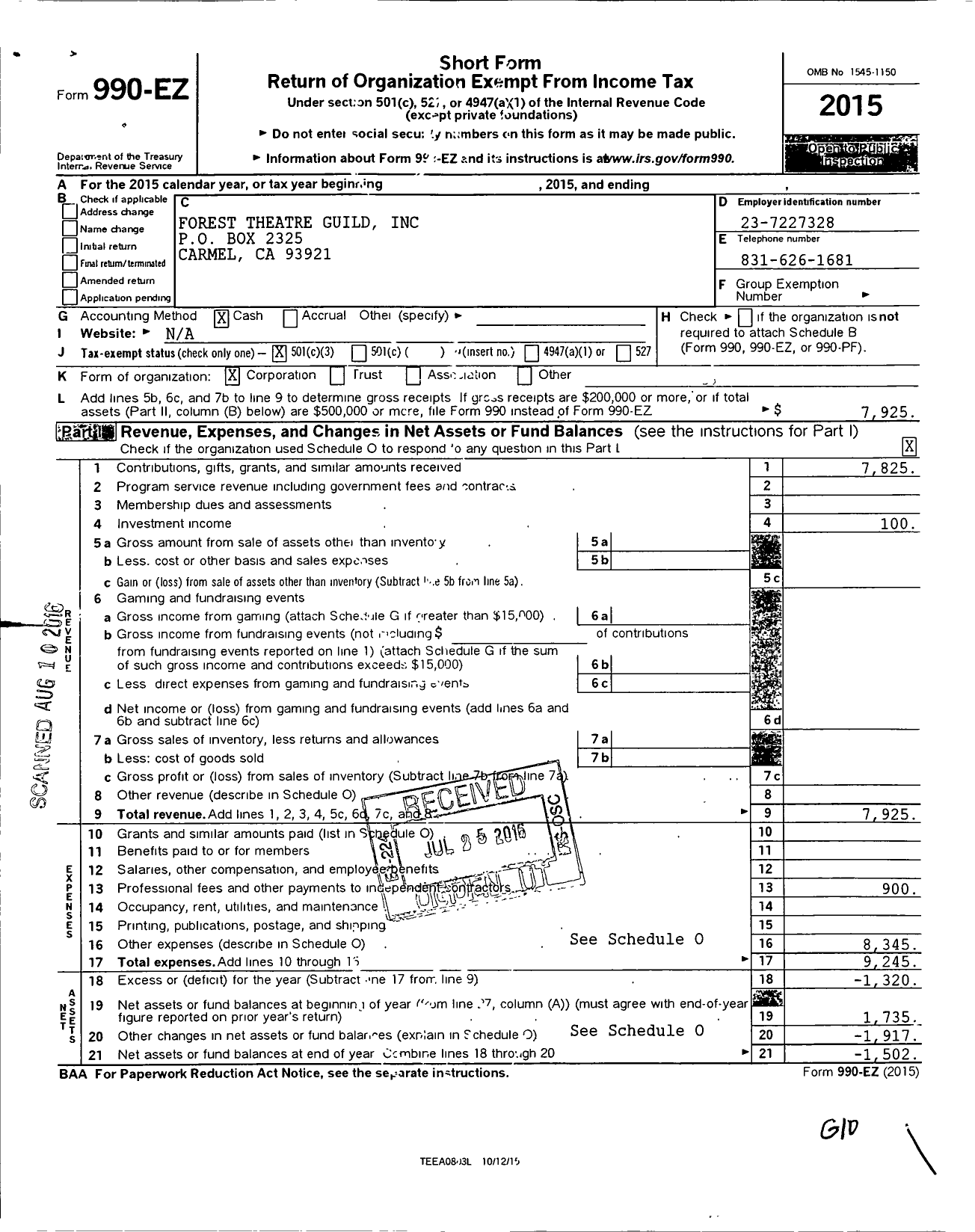 Image of first page of 2015 Form 990EZ for Forest Theatre Guild