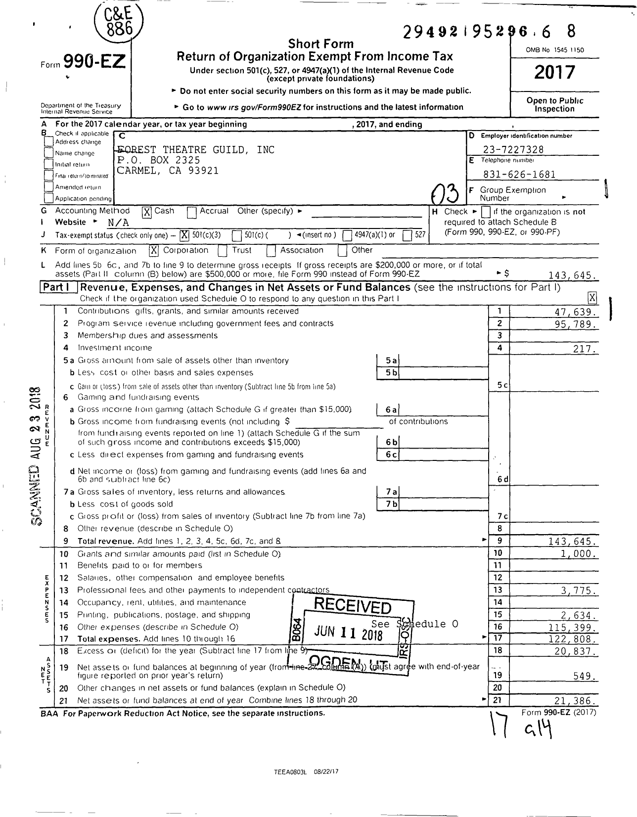 Image of first page of 2017 Form 990EZ for Forest Theatre Guild