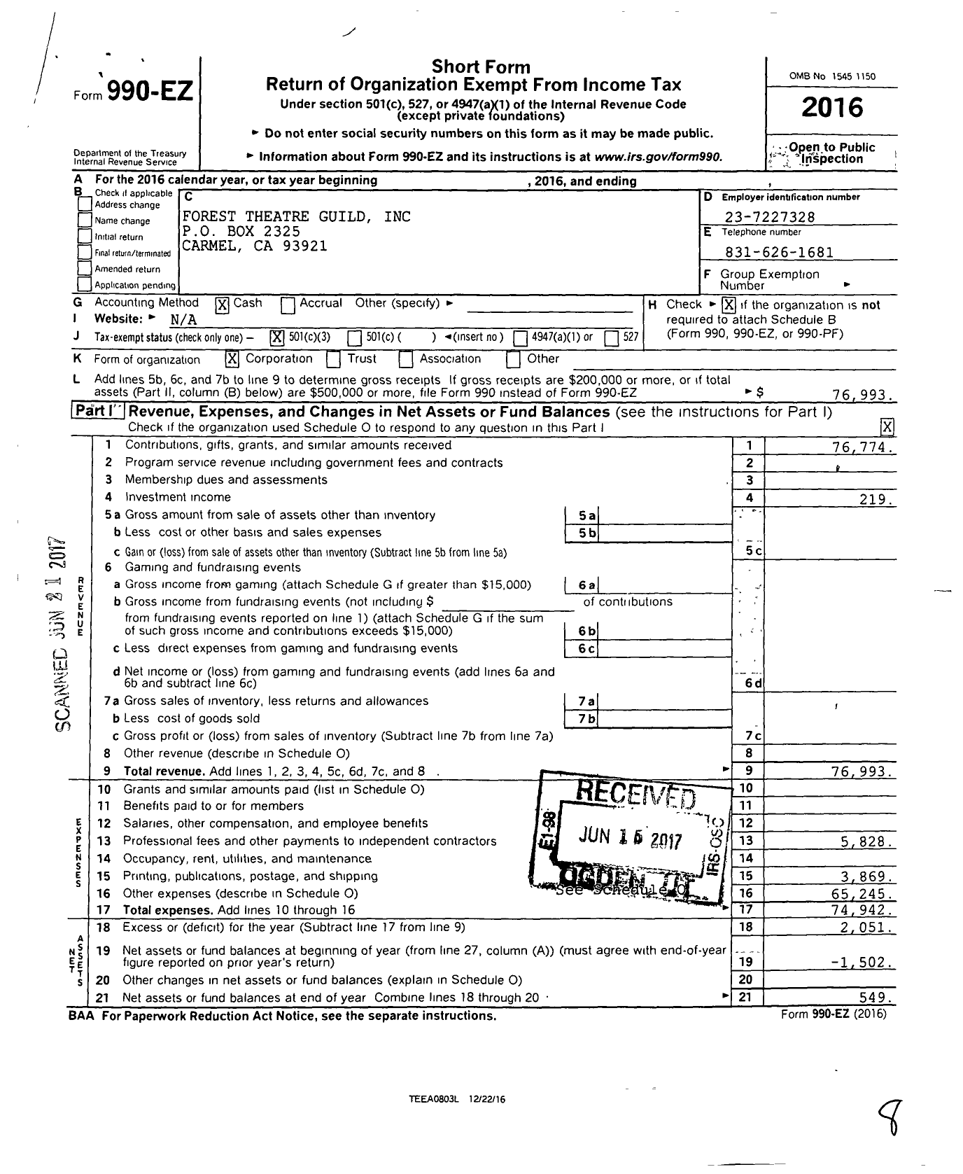 Image of first page of 2016 Form 990EZ for Forest Theatre Guild