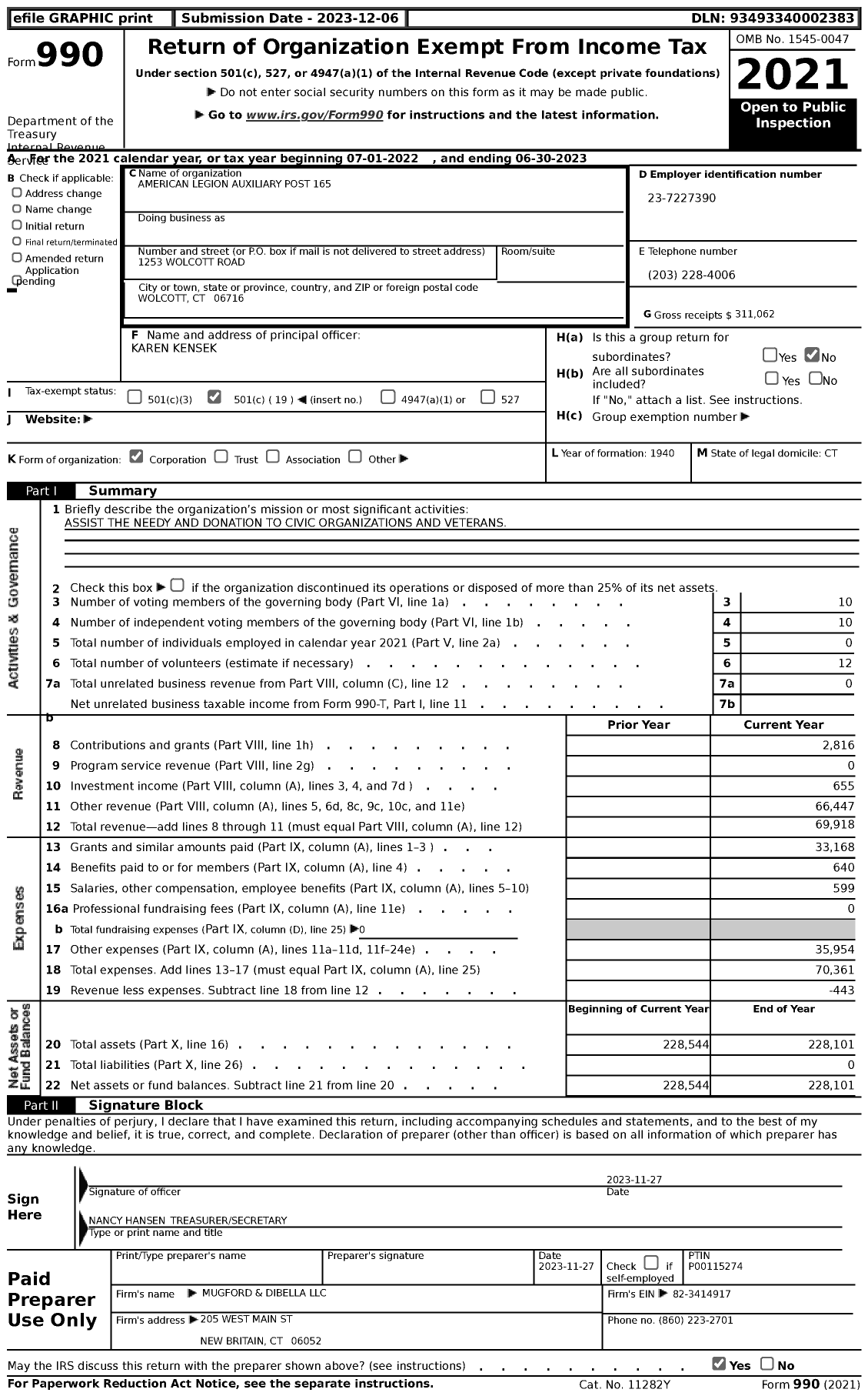 Image of first page of 2022 Form 990 for American Legion Auxiliary - 165 Billy Peterson