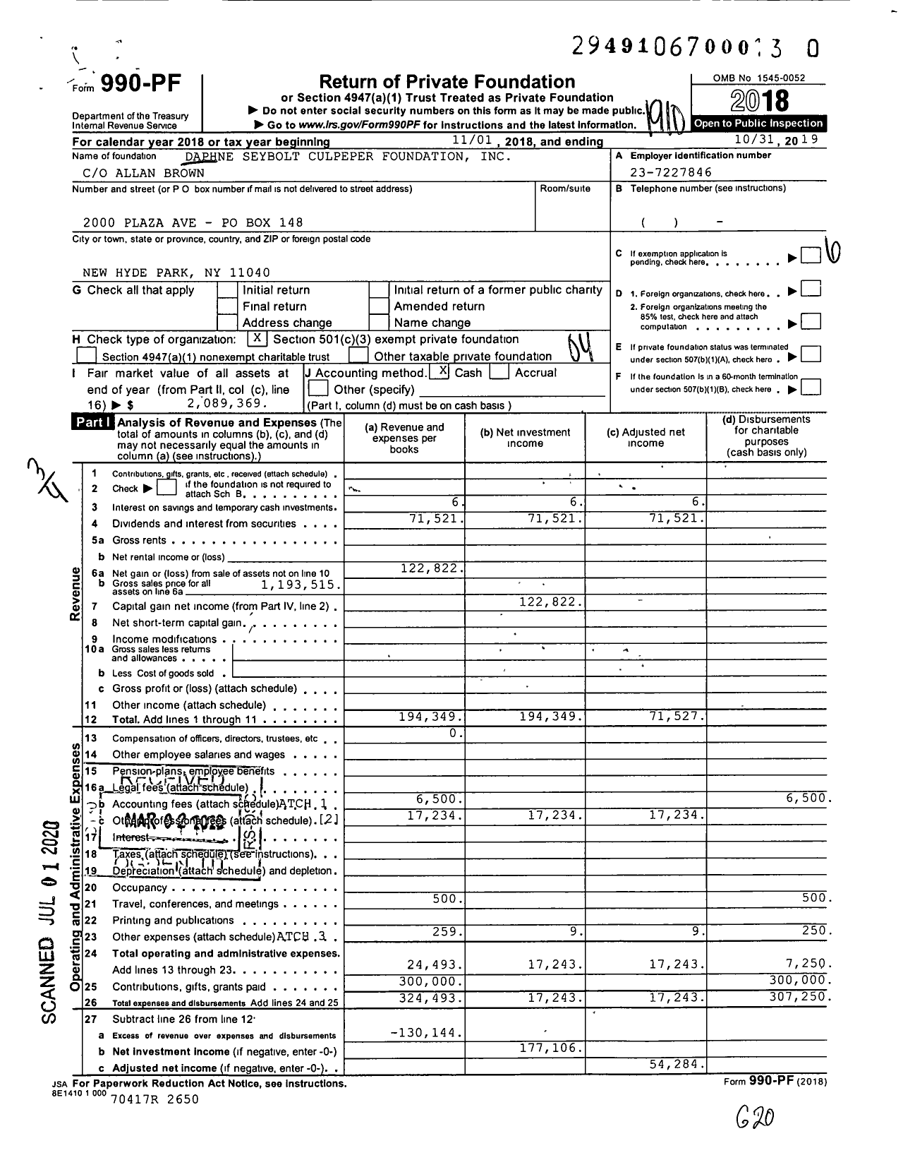 Image of first page of 2018 Form 990PR for Daphne Seybolt Culpeper Foundation