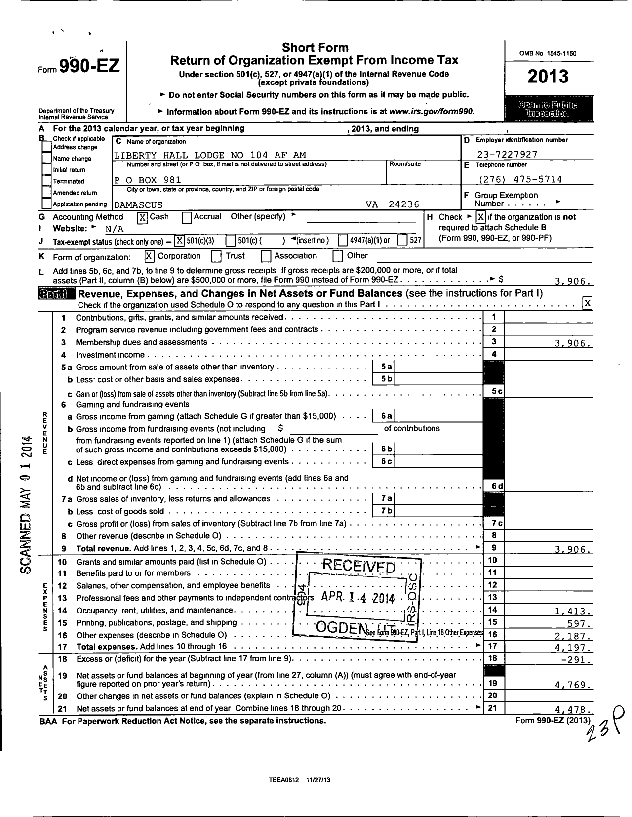 Image of first page of 2013 Form 990EZ for Ancient Free and Accepted Masons of Virginia / 104 Liberty Hall Lodge