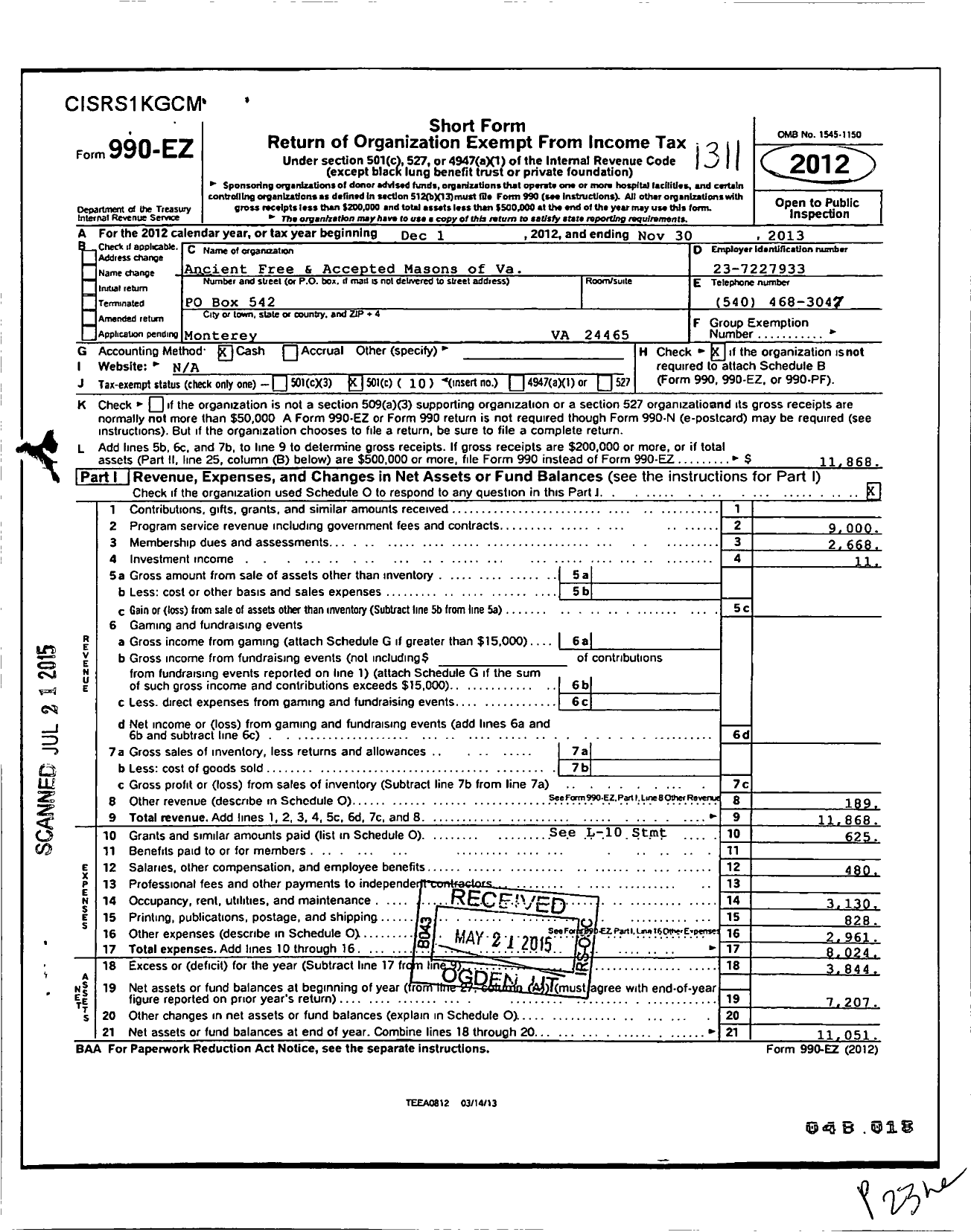 Image of first page of 2012 Form 990EO for Free and Accepted Masons of Virginia - 110 Highland Lodge