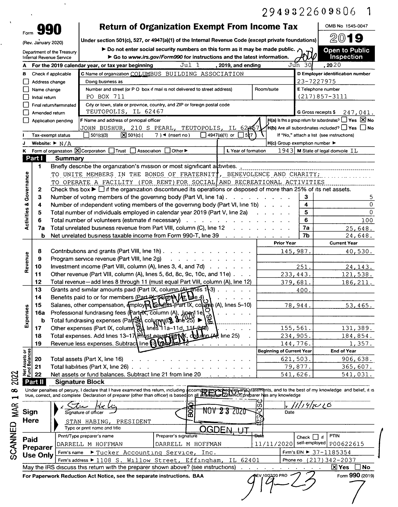 Image of first page of 2019 Form 990O for Columbus Building Association