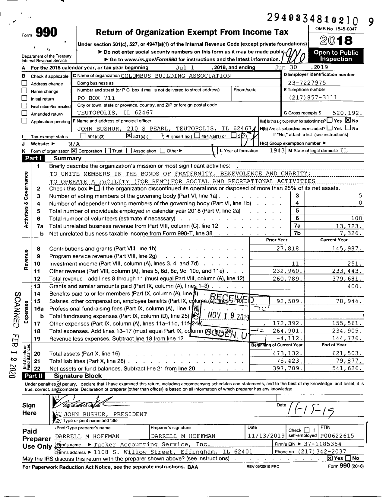 Image of first page of 2018 Form 990O for Columbus Building Association