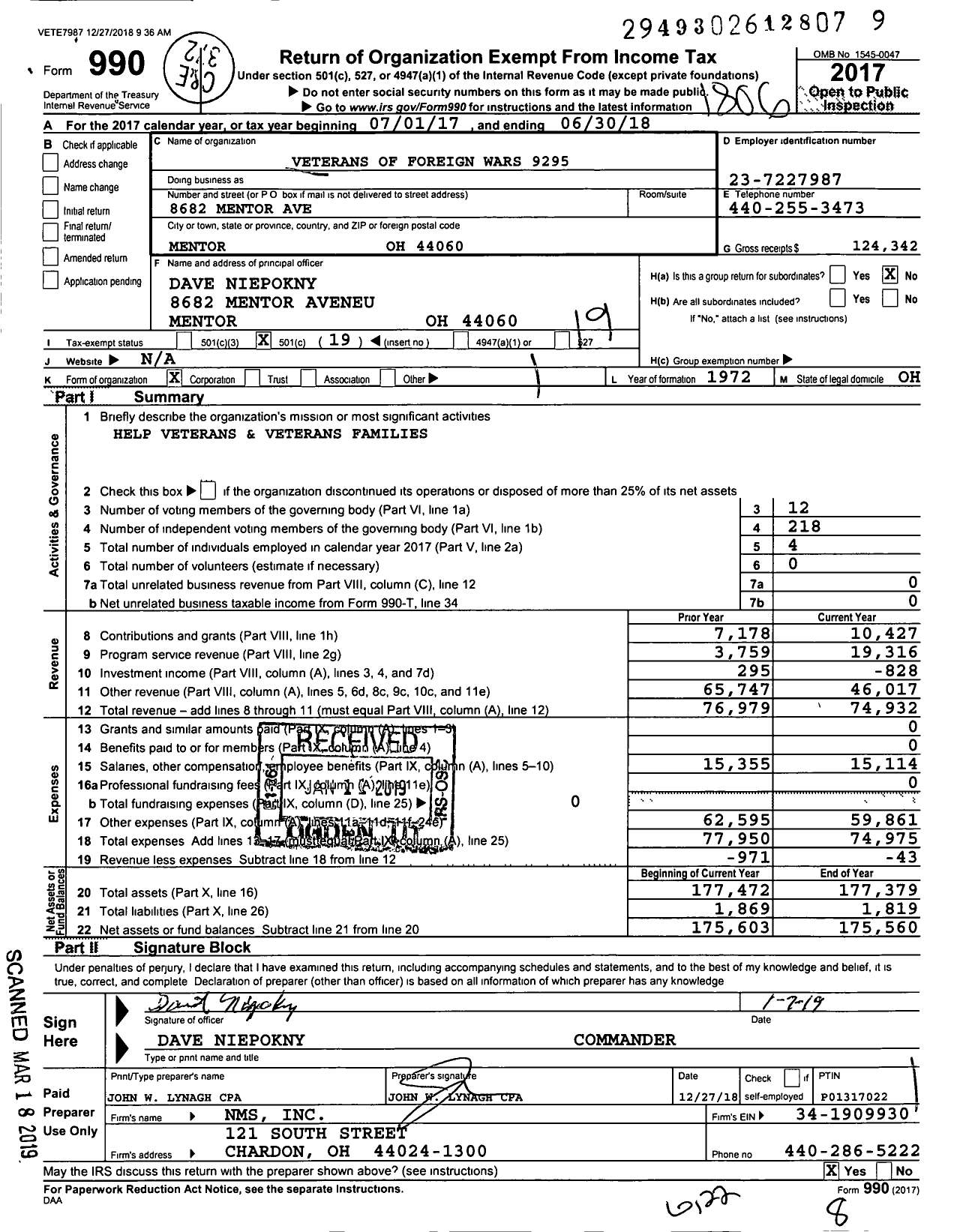 Image of first page of 2017 Form 990O for Ohio VFW - Veterans of Foreign Wars 9295
