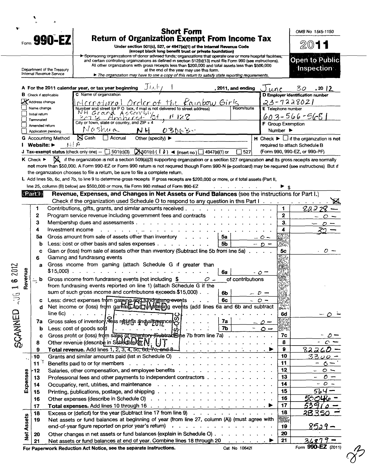 Image of first page of 2011 Form 990EO for International Order of the Rainbow Girls - New Hampshire Grand Assembly