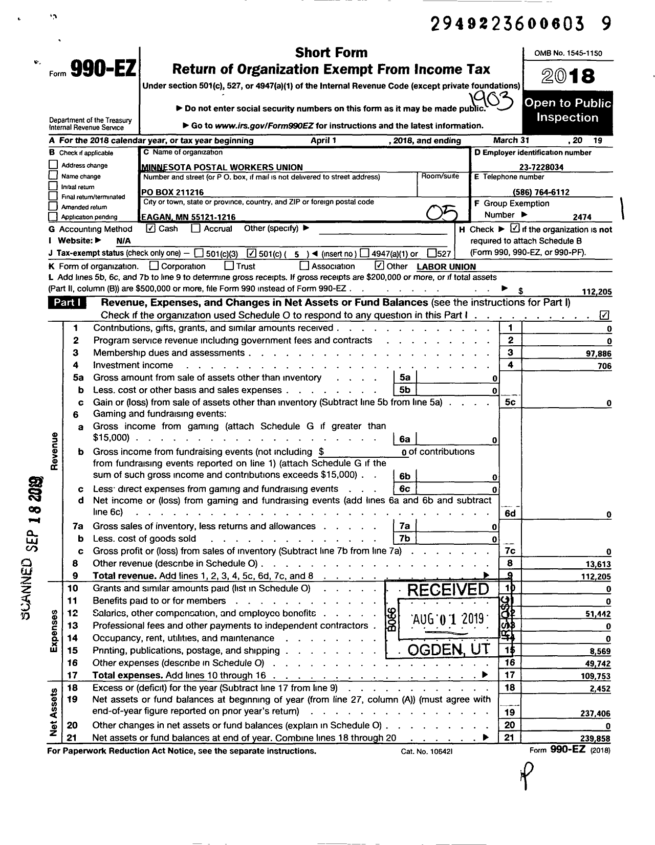 Image of first page of 2018 Form 990EO for American Postal Workers Union - Minnesota Postal Workers Union