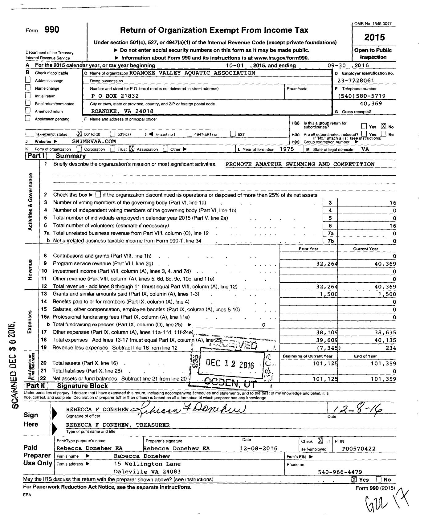 Image of first page of 2015 Form 990 for Roanoke Valley Aquatic Association