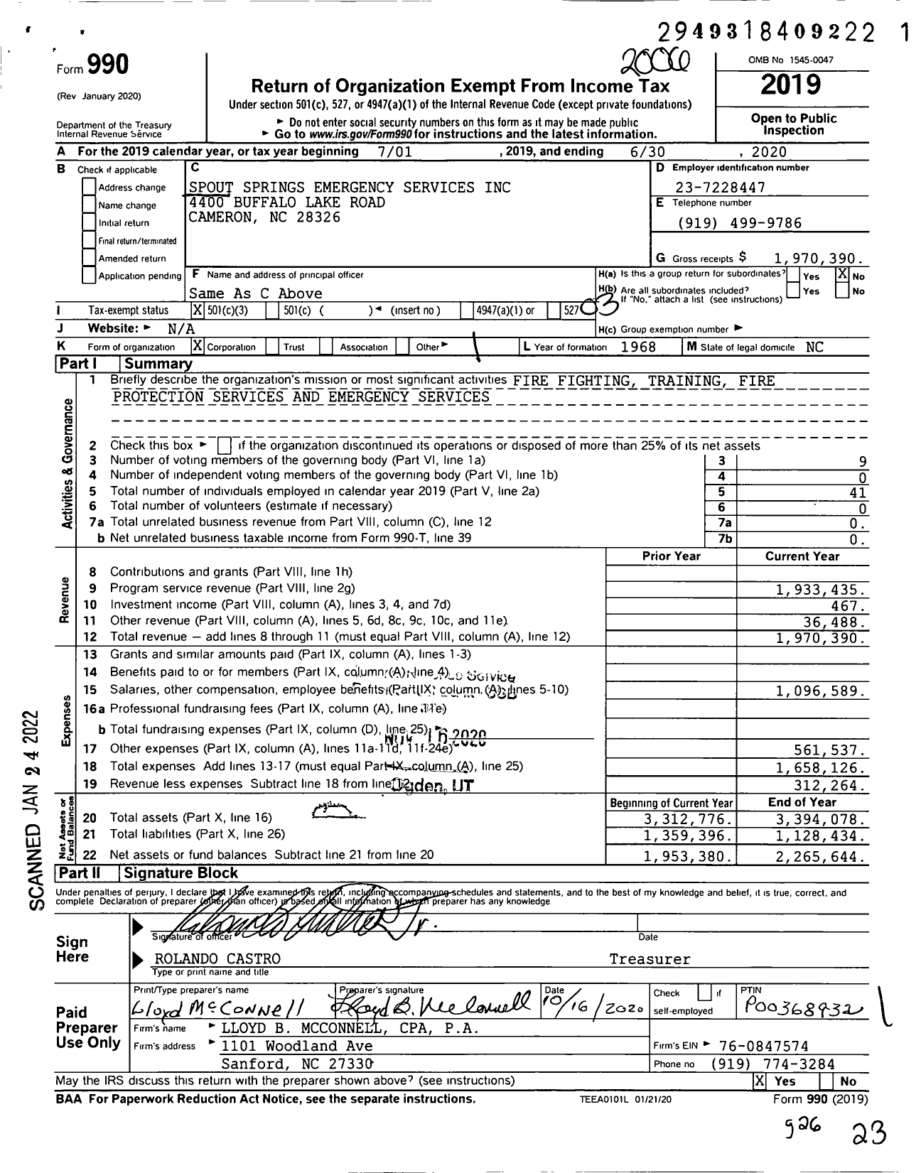 Image of first page of 2019 Form 990 for Spout Springs Emergency Services