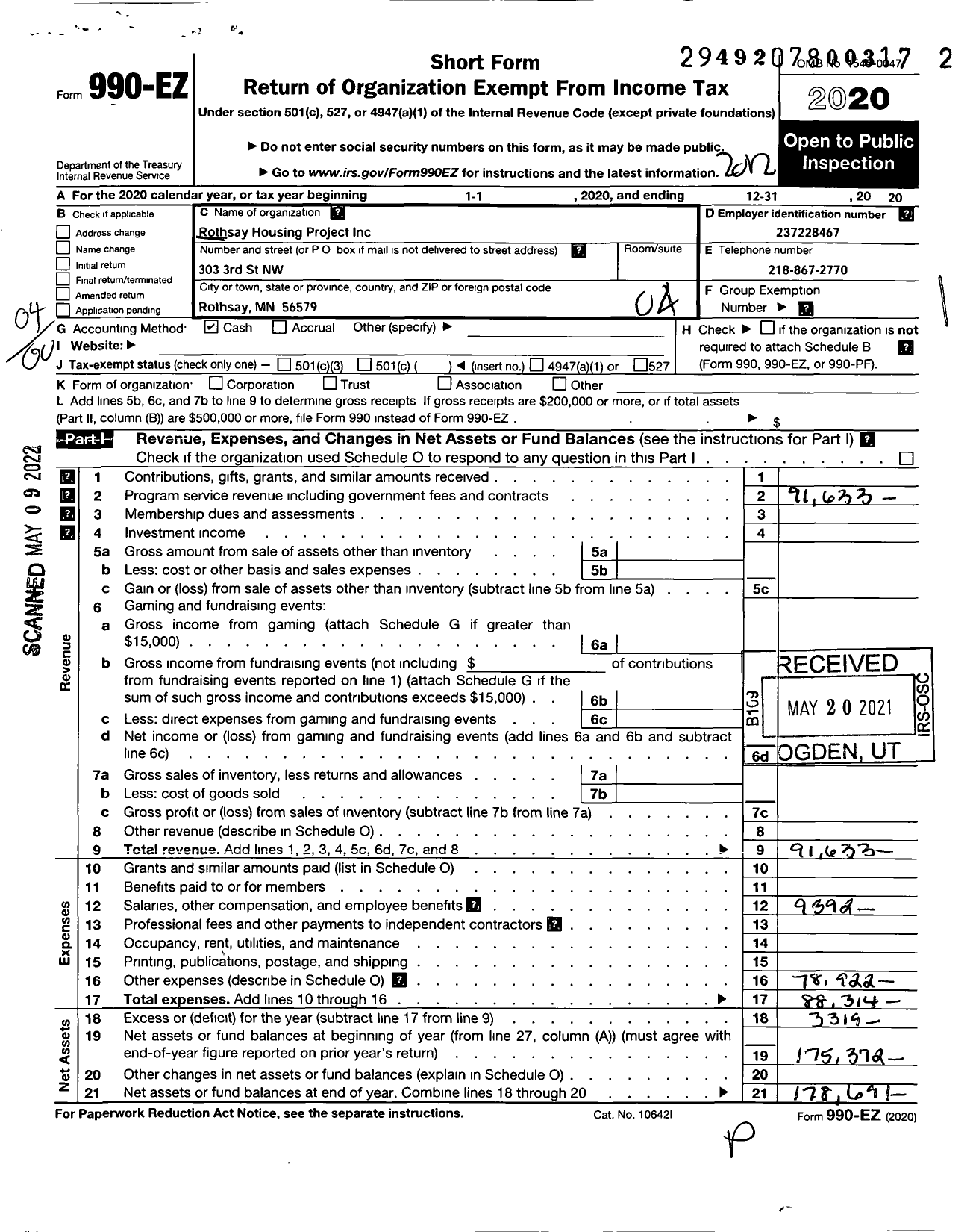 Image of first page of 2020 Form 990EO for Rothsay Housing Project