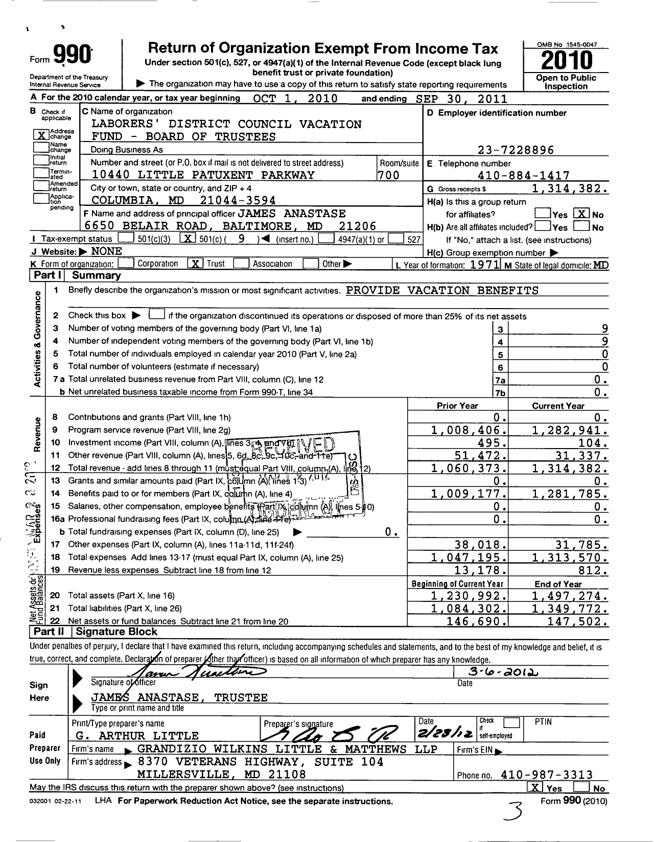 Image of first page of 2010 Form 990O for Laborers' District Council Vacation Fund - Board of Trustees