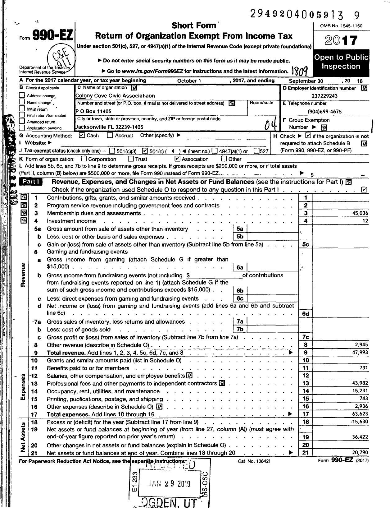 Image of first page of 2017 Form 990EO for Colony Cove Civic Association