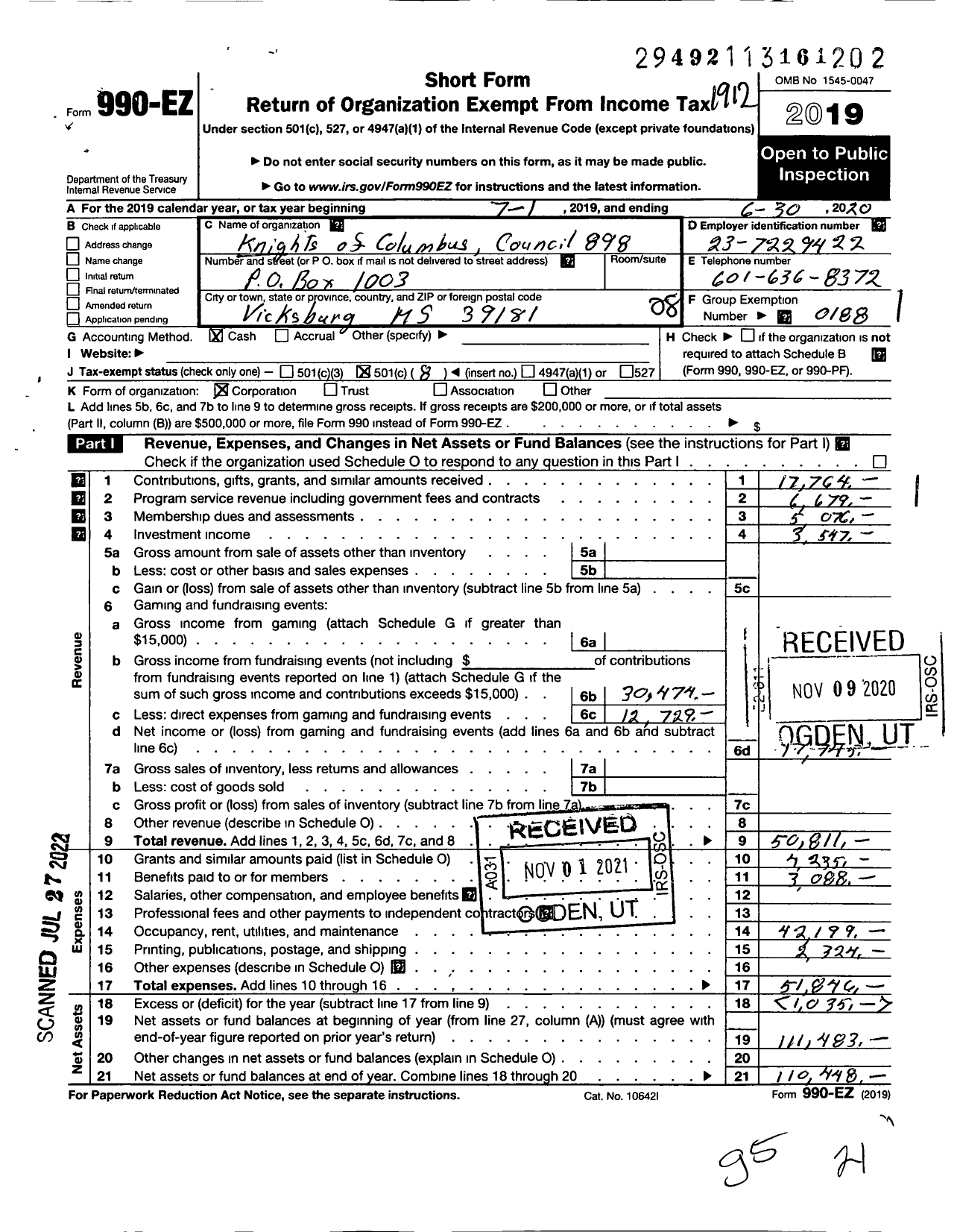 Image of first page of 2019 Form 990EO for Knights of Columbus - 898 Vicksburg Council