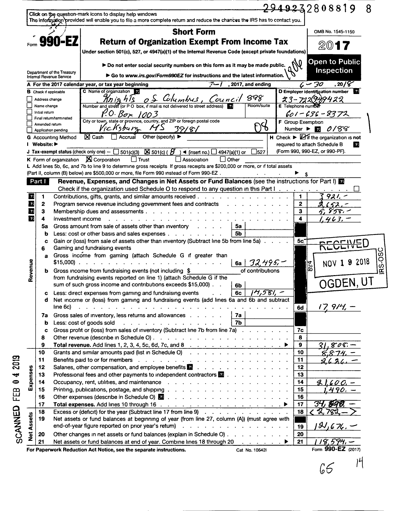 Image of first page of 2017 Form 990EO for Knights of Columbus - 898 Vicksburg Council