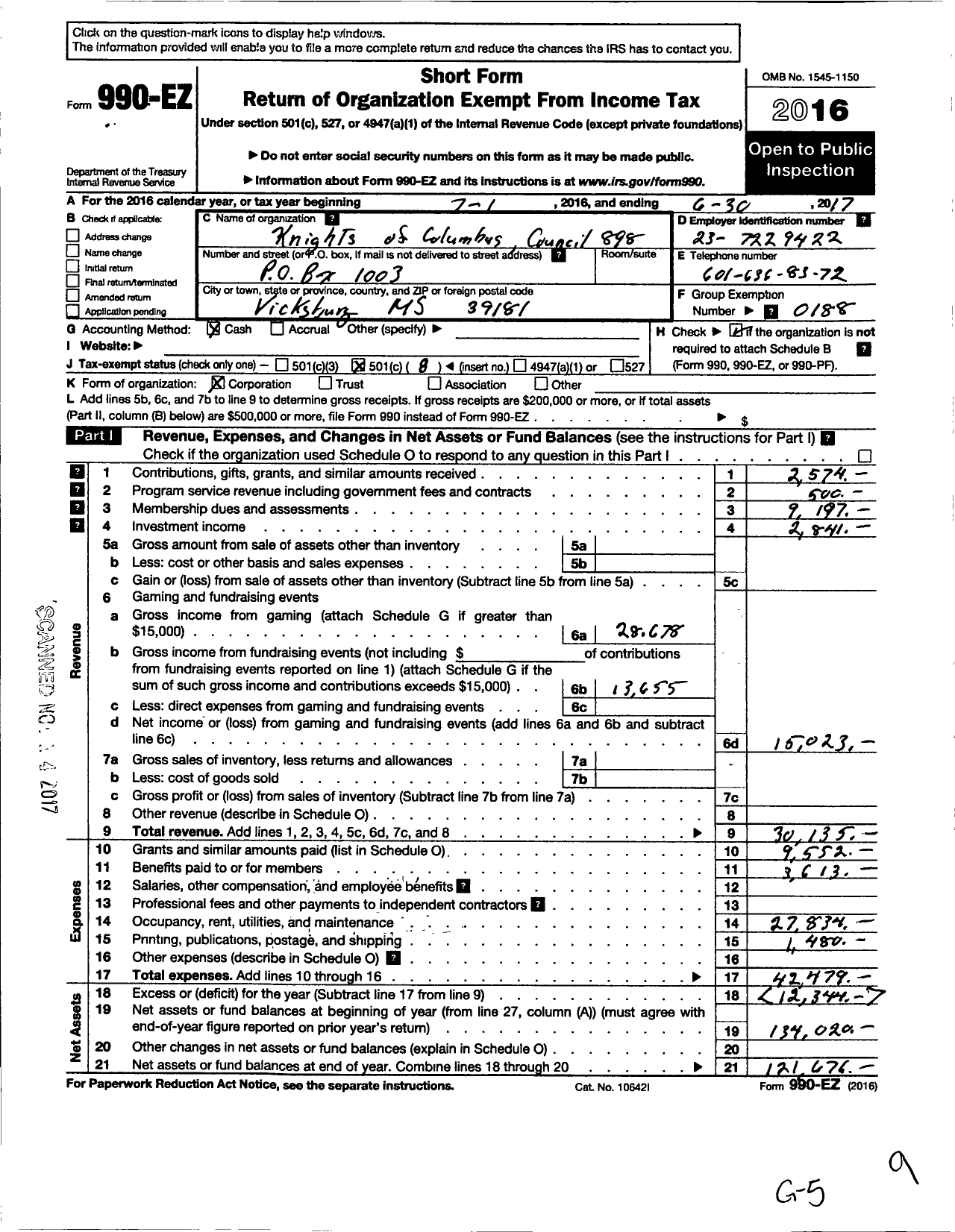 Image of first page of 2016 Form 990EO for Knights of Columbus - 898 Vicksburg Council