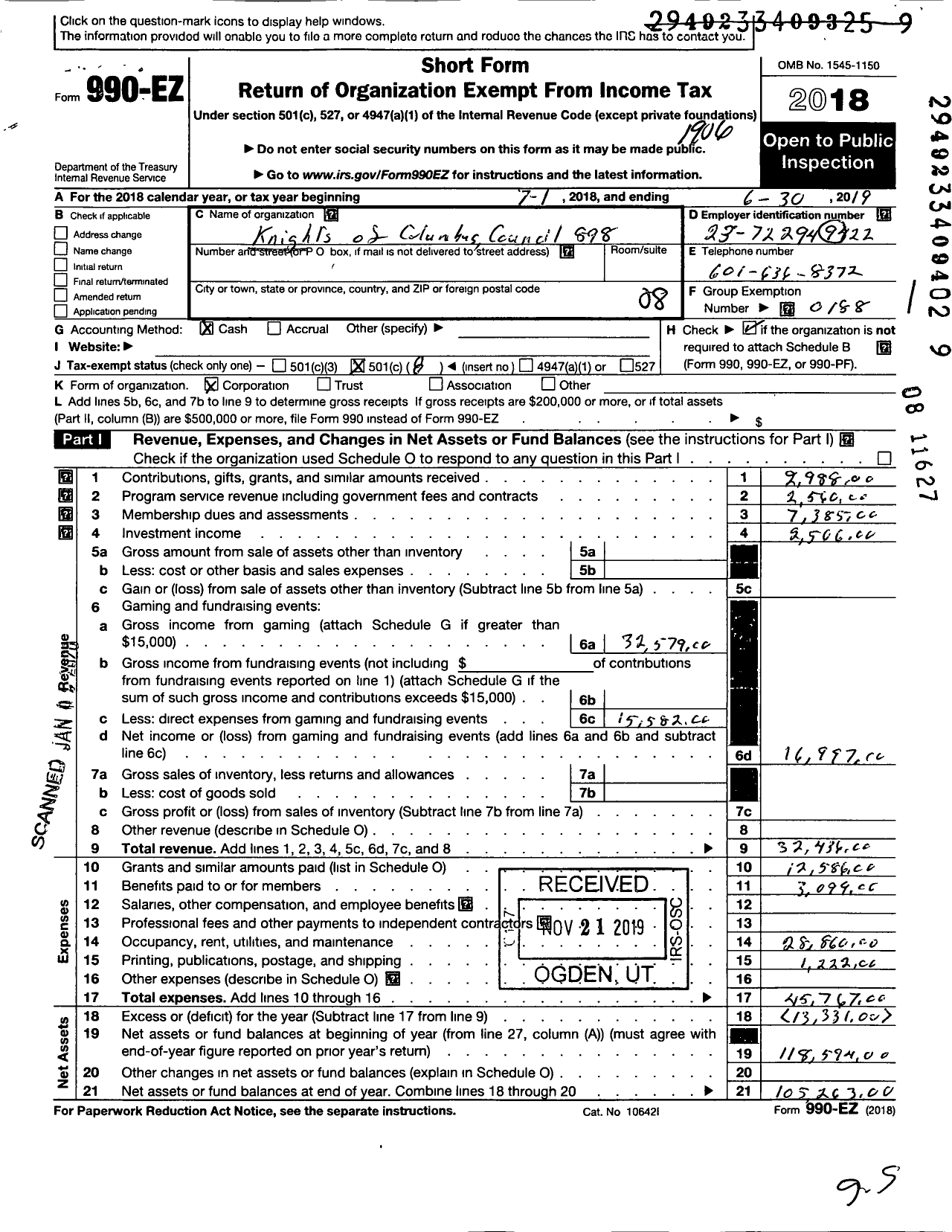 Image of first page of 2018 Form 990EO for Knights of Columbus - 898 Vicksburg Council