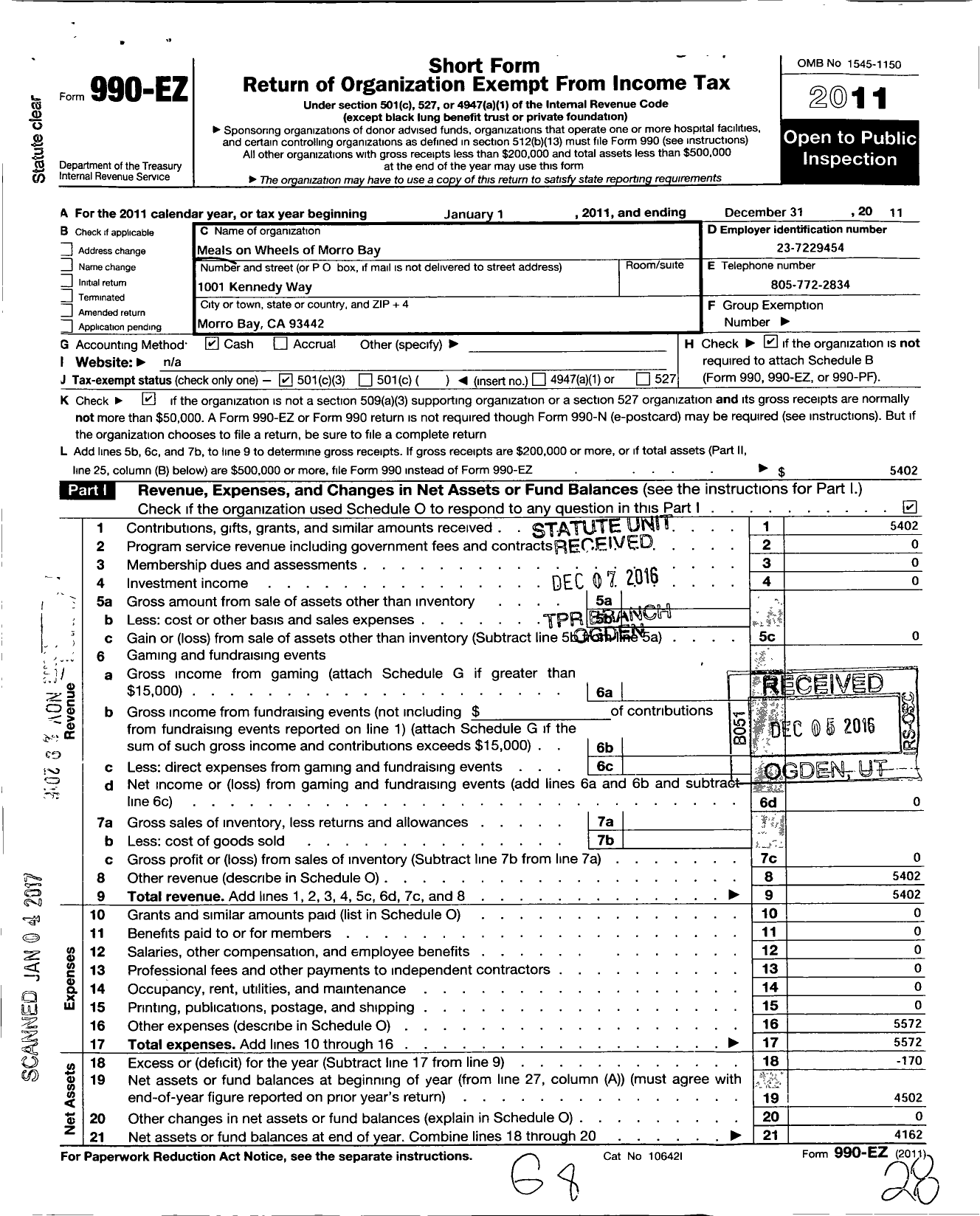 Image of first page of 2011 Form 990EZ for Meals on Wheels of Morro Bay