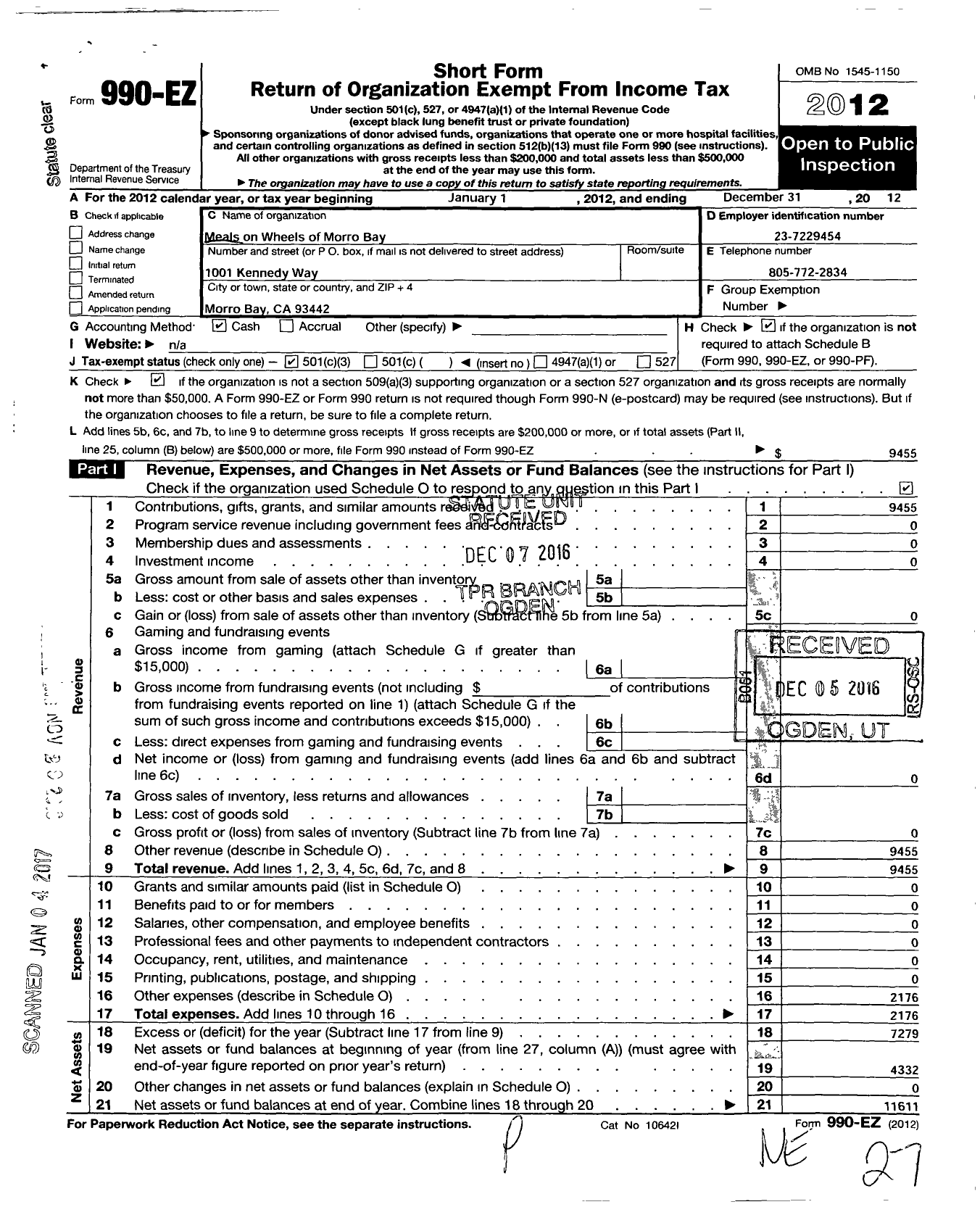 Image of first page of 2012 Form 990EZ for Meals on Wheels of Morro Bay