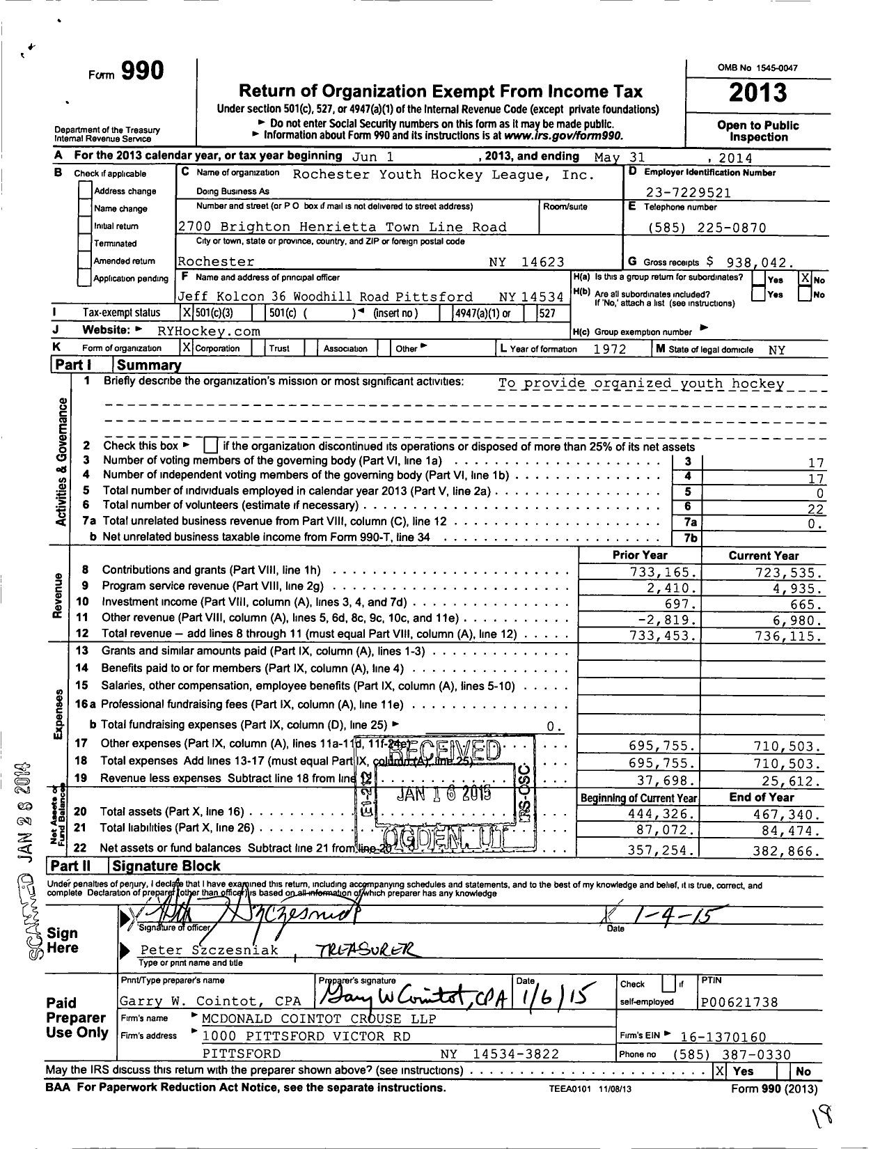 Image of first page of 2013 Form 990 for Rochester Youth Hockey League