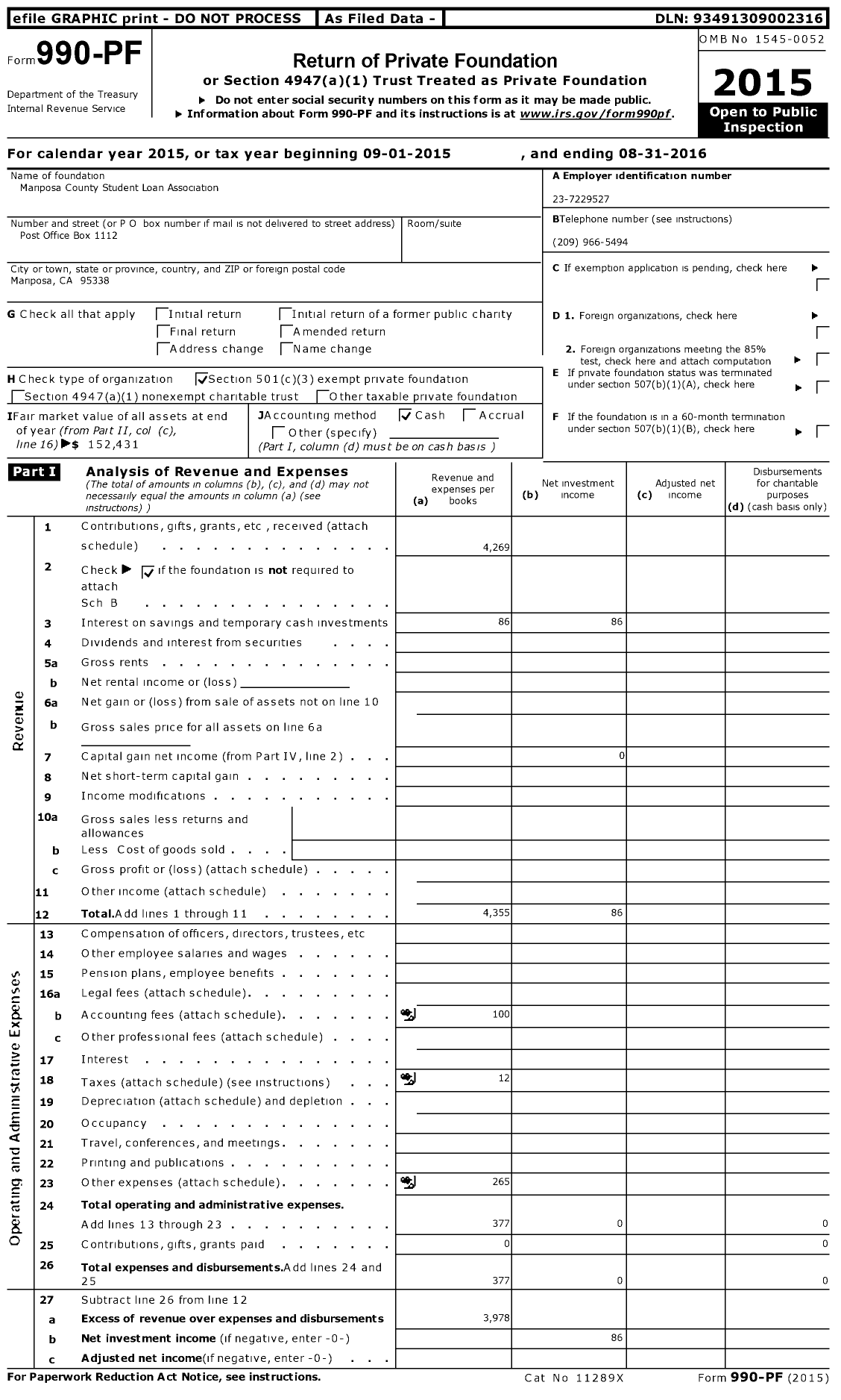 Image of first page of 2015 Form 990PF for Mariposa County Student Loan Association