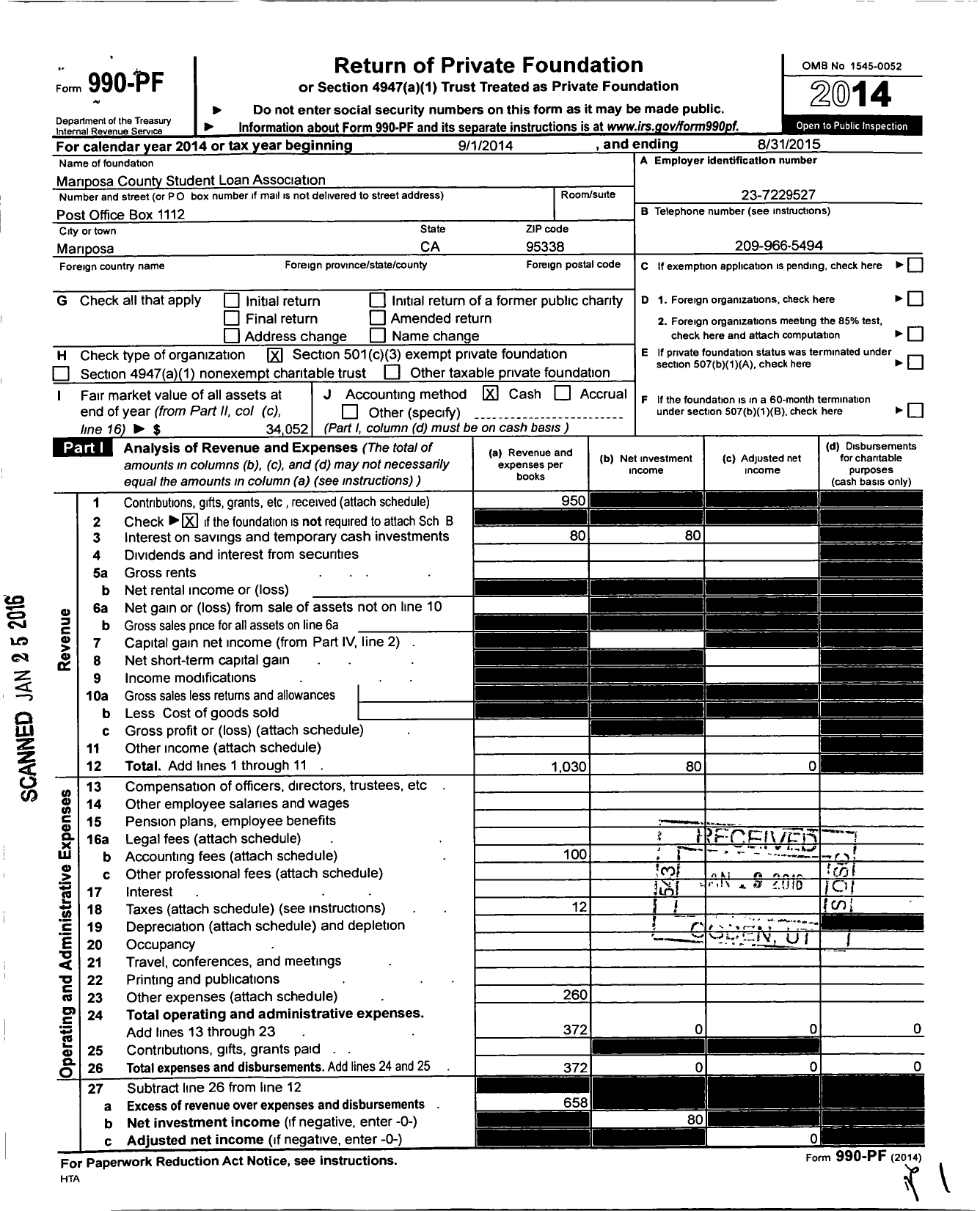 Image of first page of 2014 Form 990PF for Mariposa County Student Loan Association