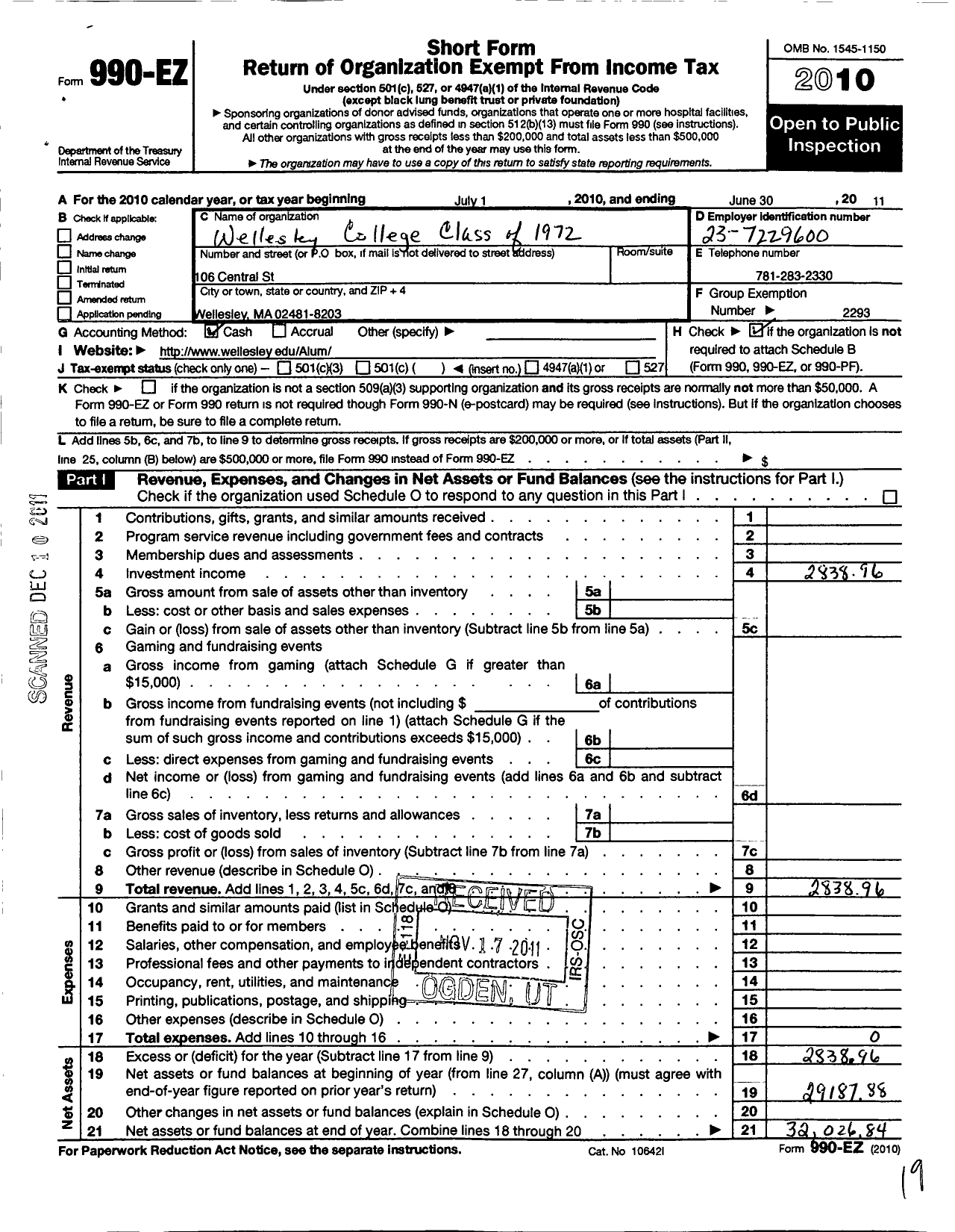 Image of first page of 2010 Form 990EO for Wellesley College Alumnae Association - 1972 Class