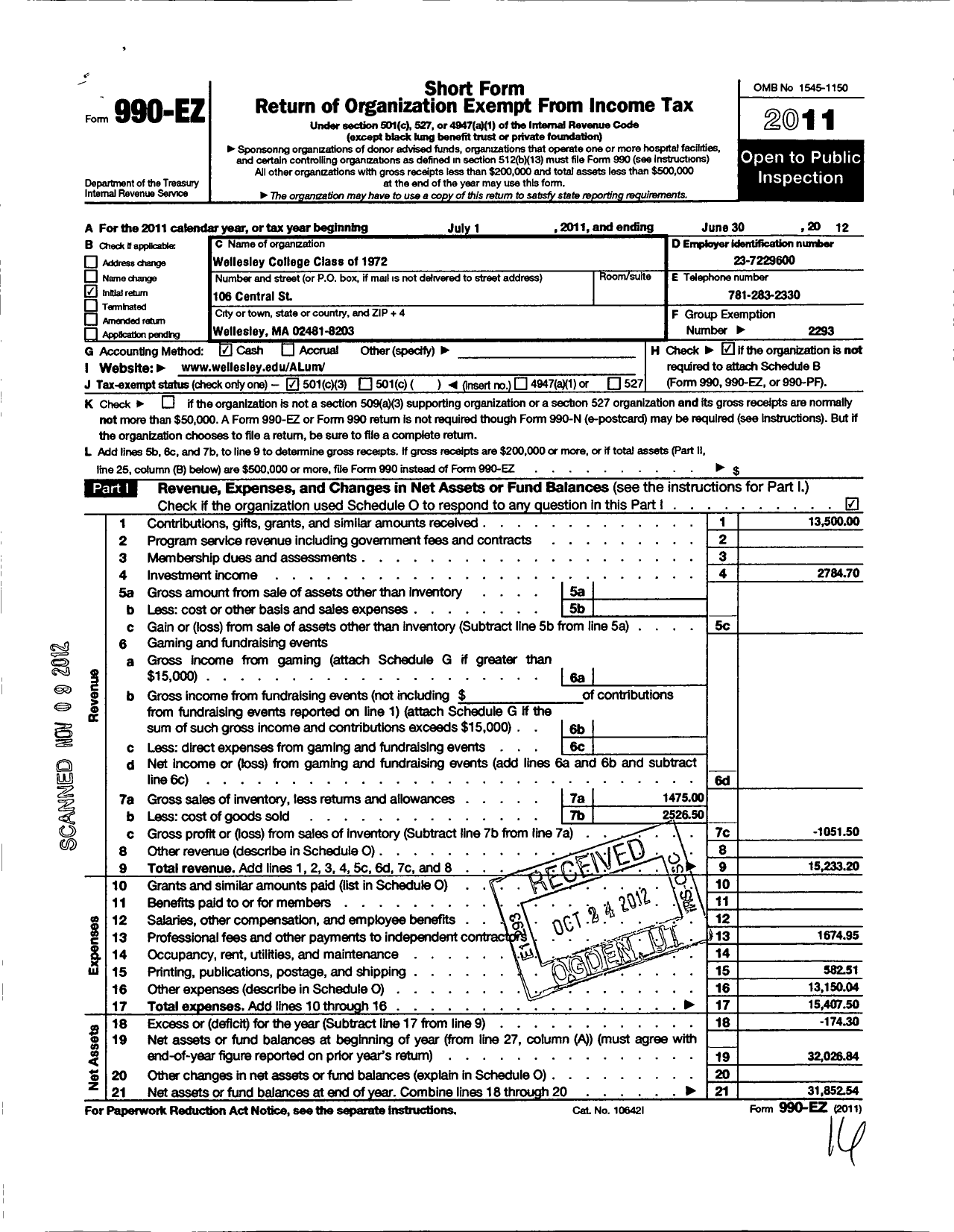 Image of first page of 2011 Form 990EZ for Wellesley College Alumnae Association - 1972 Class