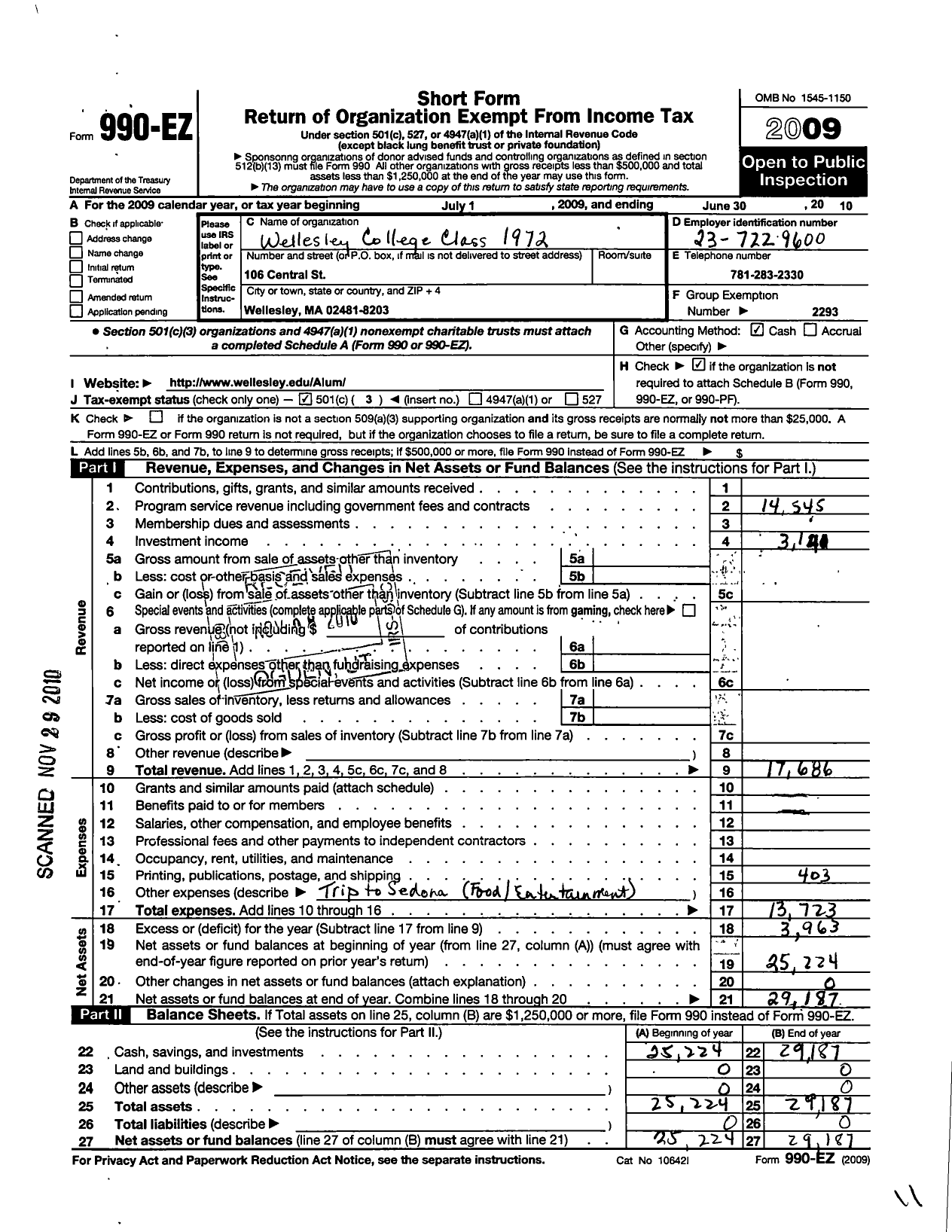 Image of first page of 2009 Form 990EZ for Wellesley College Alumnae Association - 1972 Class