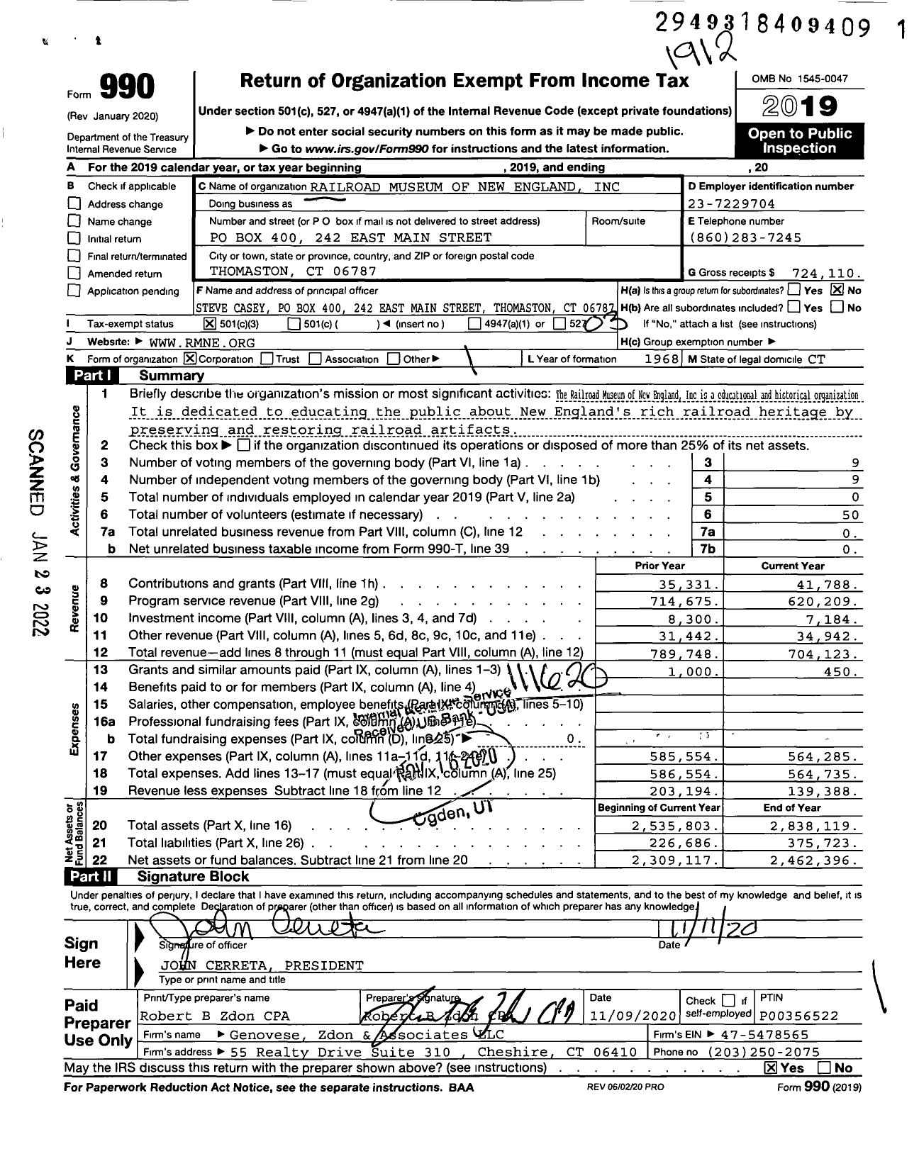 Image of first page of 2019 Form 990 for Railroad Museum of New England