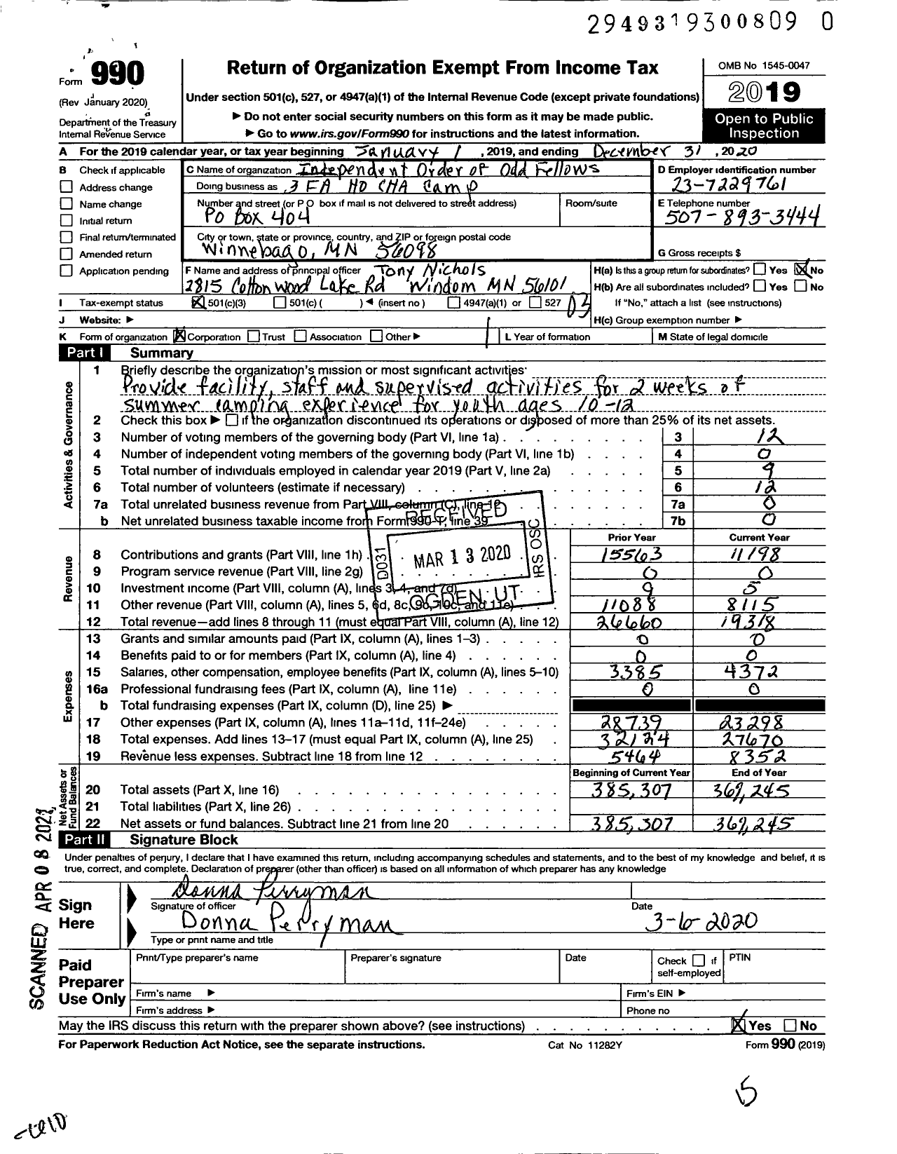 Image of first page of 2020 Form 990 for Independent Order of Odd Fellows - 3fa Ho Cha Camp