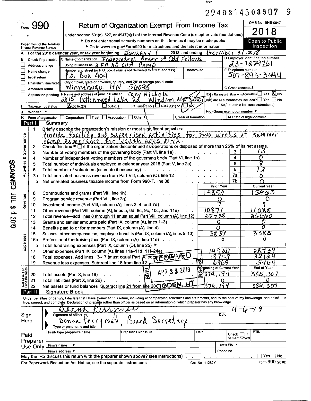 Image of first page of 2018 Form 990 for Independent Order of Odd Fellows - 3fa Ho Cha Camp