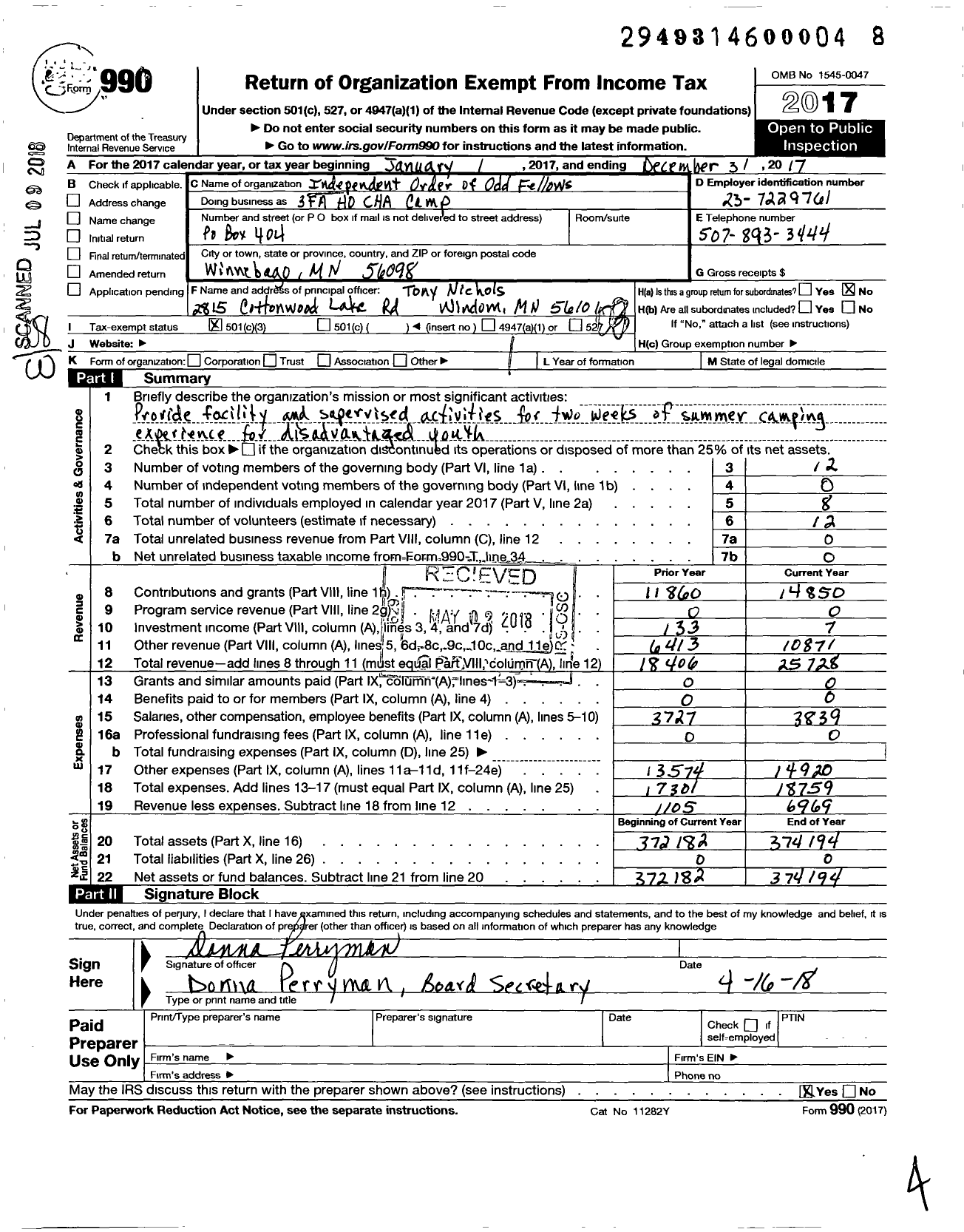 Image of first page of 2017 Form 990 for Independent Order of Odd Fellows - 3fa Ho Cha Camp