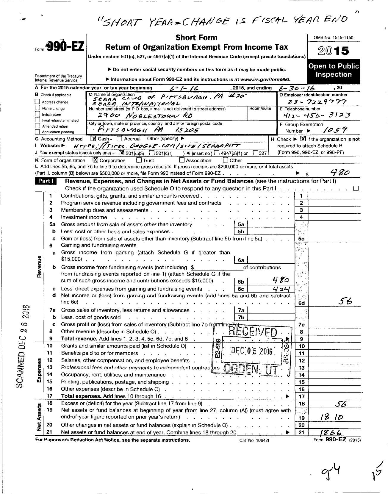 Image of first page of 2015 Form 990EZ for Serra International - 20 Pittsburgh Serra Club