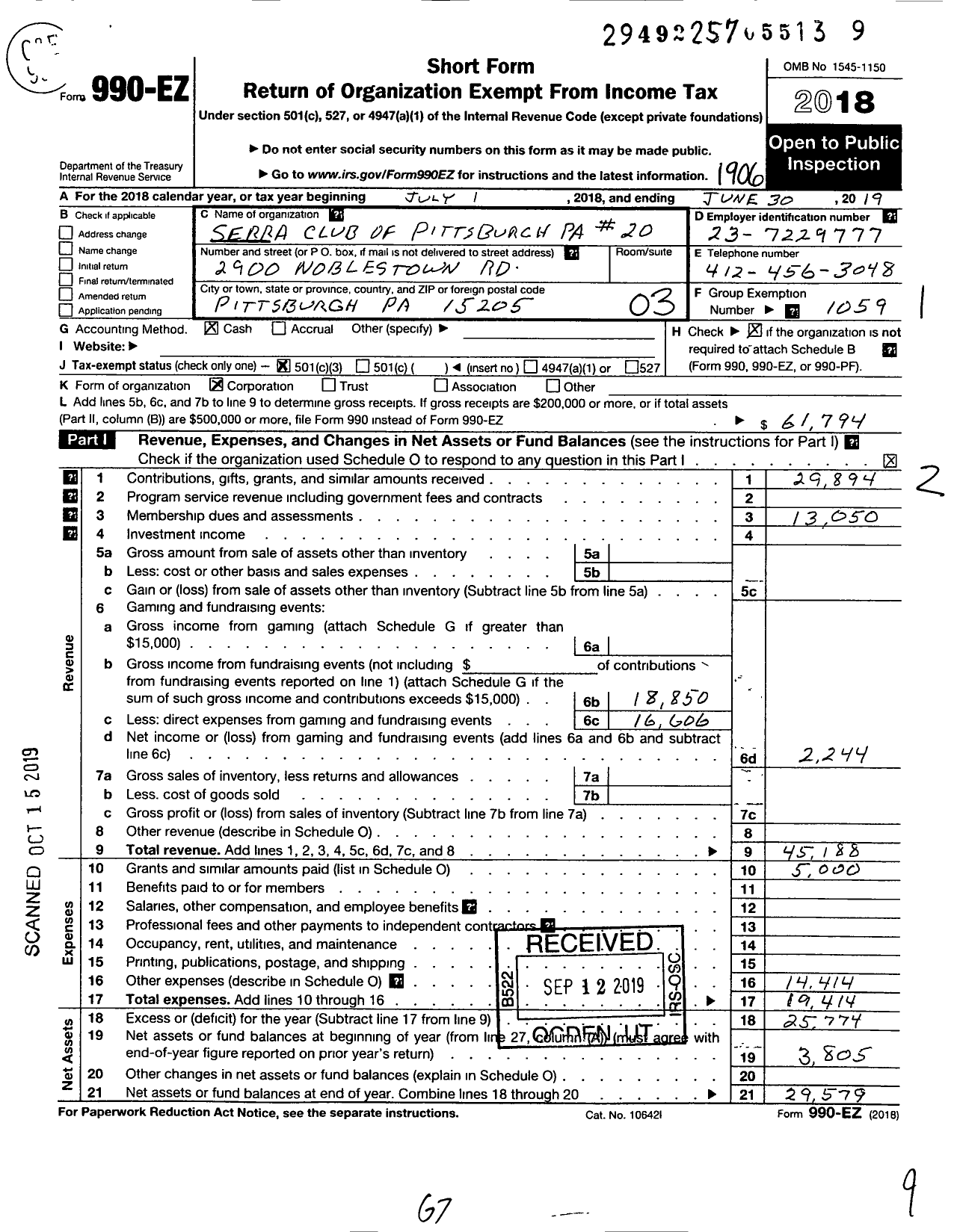 Image of first page of 2018 Form 990EZ for Serra International - 20 Pittsburgh Serra Club