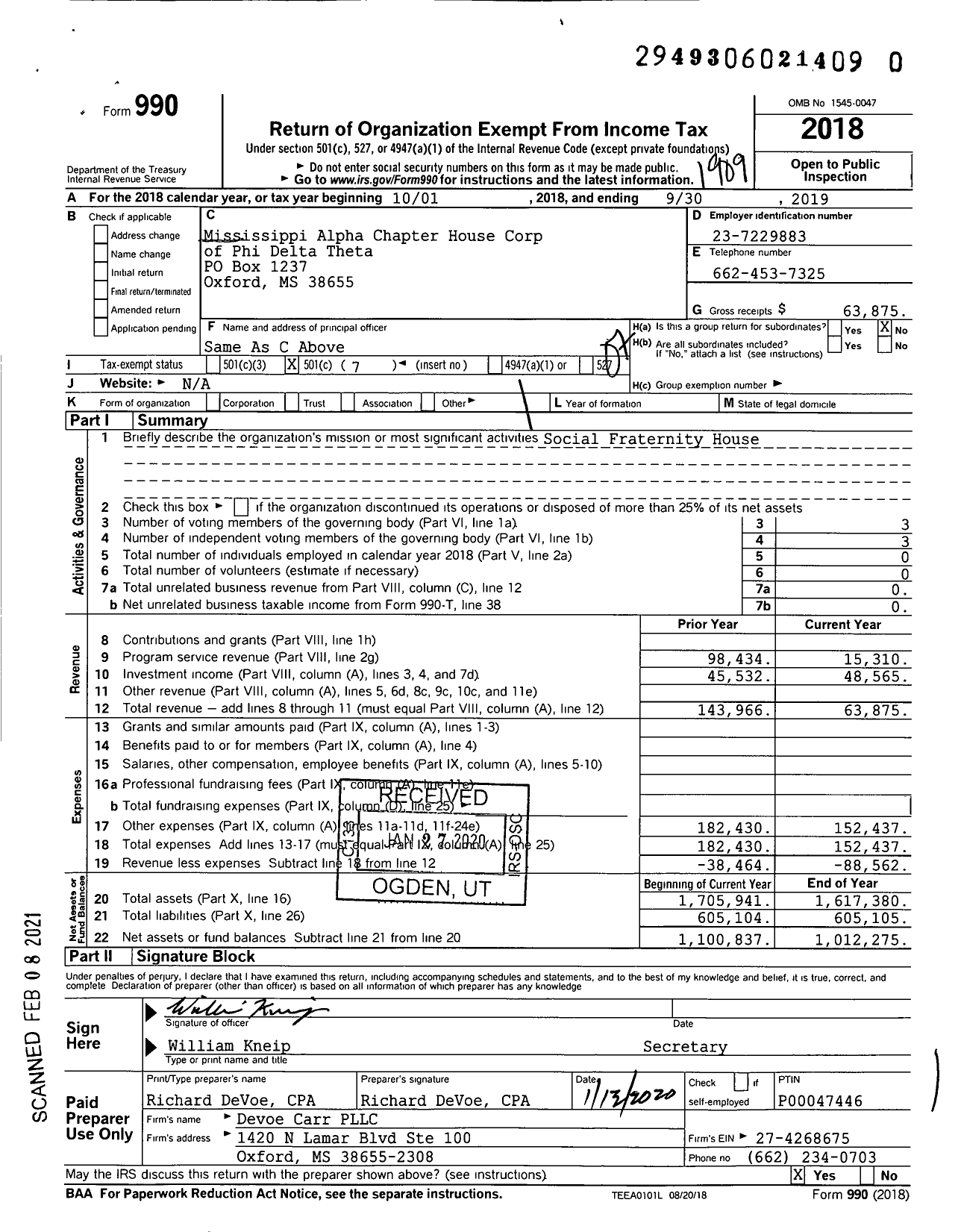 Image of first page of 2018 Form 990O for Mississippi Alpha Chapter House Corp of Phi Delta Theta